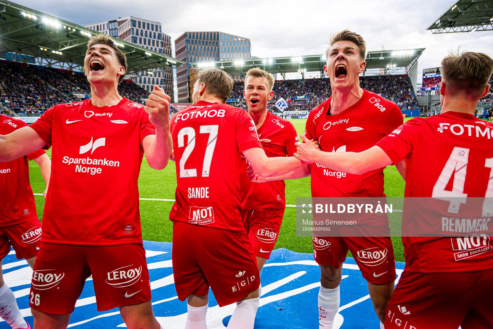 Eivind Helland, Mads Berg Sande, Aune Heggebø and Emil Kornvig of Brann celebrates after the 2-3 goal during the Eliteserien match between Rosenborg and Molde on May 3, 2025 in Oslo.