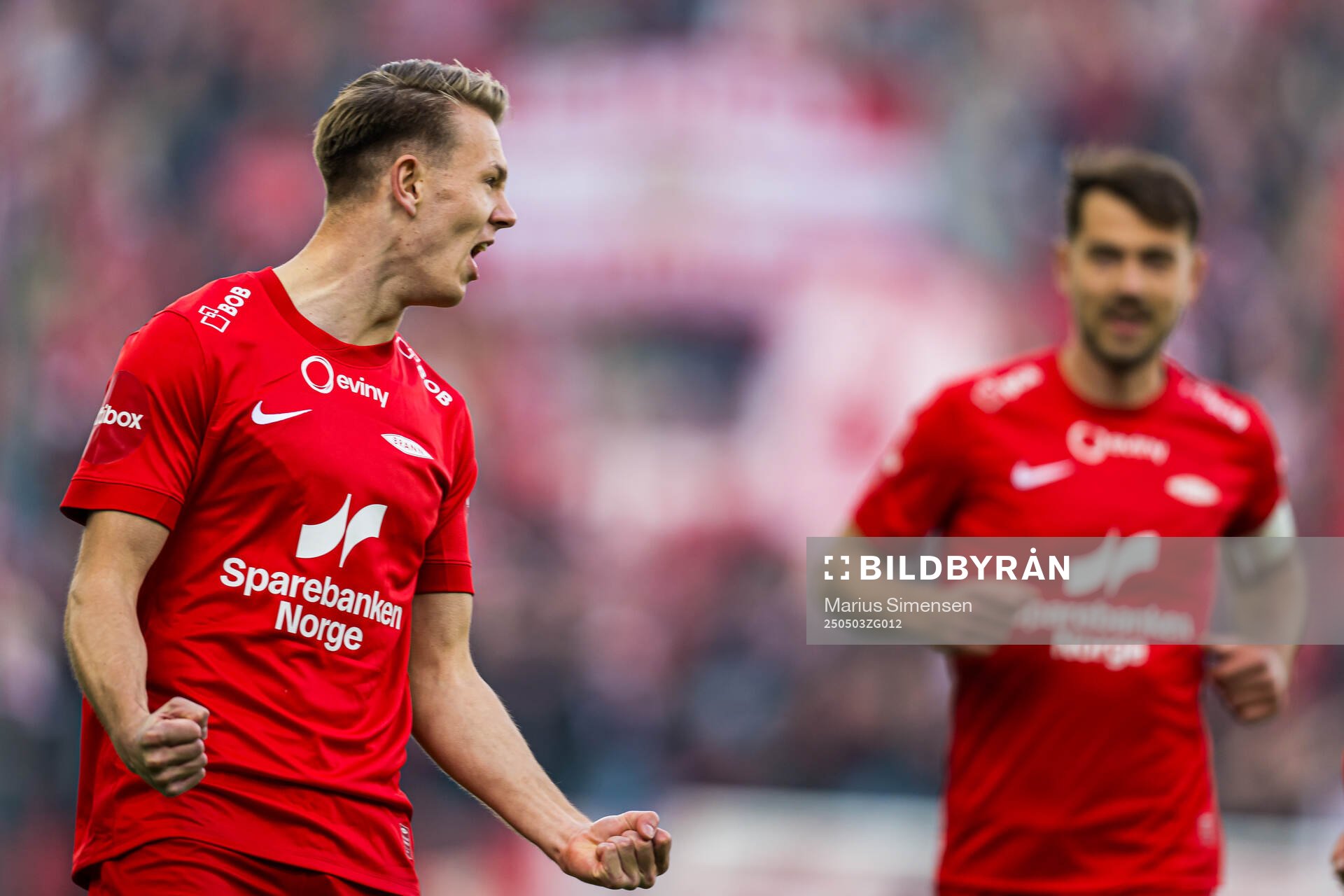 Emil Kornvig of Brann celebrates after scoring the 0-1 goal during the Eliteserien match between Rosenborg and Molde on May 3, 2025 in Oslo.