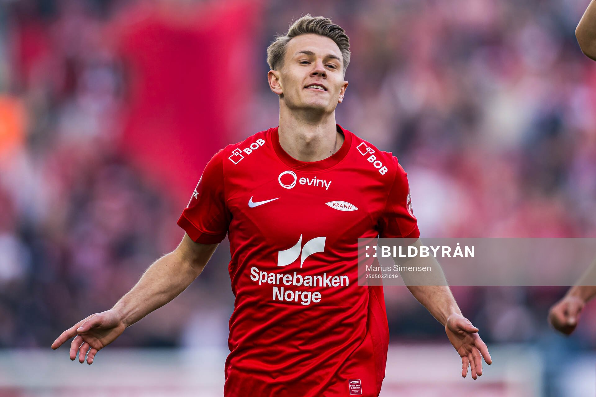 Emil Kornvig of Brann celebrates after scoring the 0-1 goal during the Eliteserien match between Vålerenga and Brann on May 3, 2025 in Oslo.