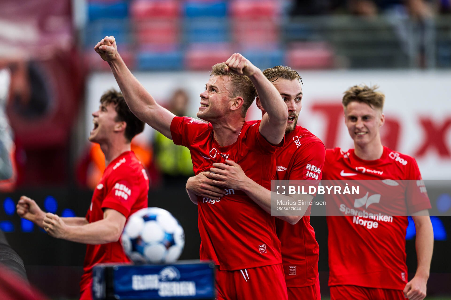 Aune Heggebø of Brann celebrates after scoring the 2-4 goal on a penalty kick during the Eliteserien match between Vålerenga and Brann on May 3, 2025 in Oslo.