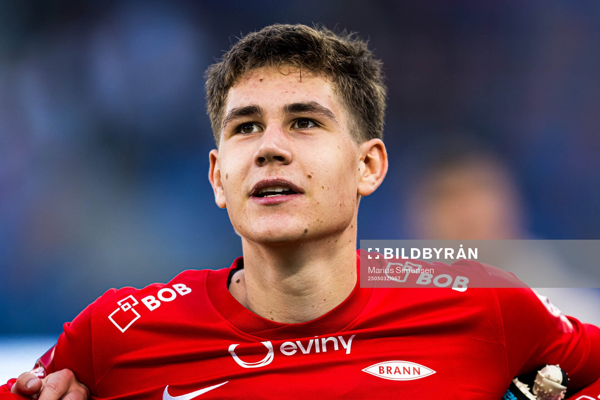 Eivind Helland of Brann after the Eliteserien match between Rosenborg and Molde on May 3, 2025 in Oslo. 