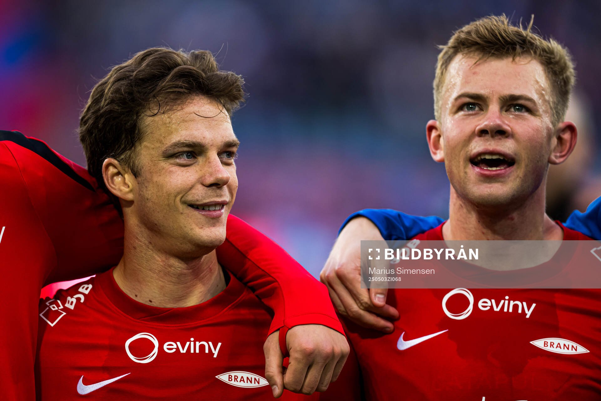 Felix Horn Myhre and Aune Heggebø of Brann after the Eliteserien match between Rosenborg and Molde on May 3, 2025 in Oslo. 