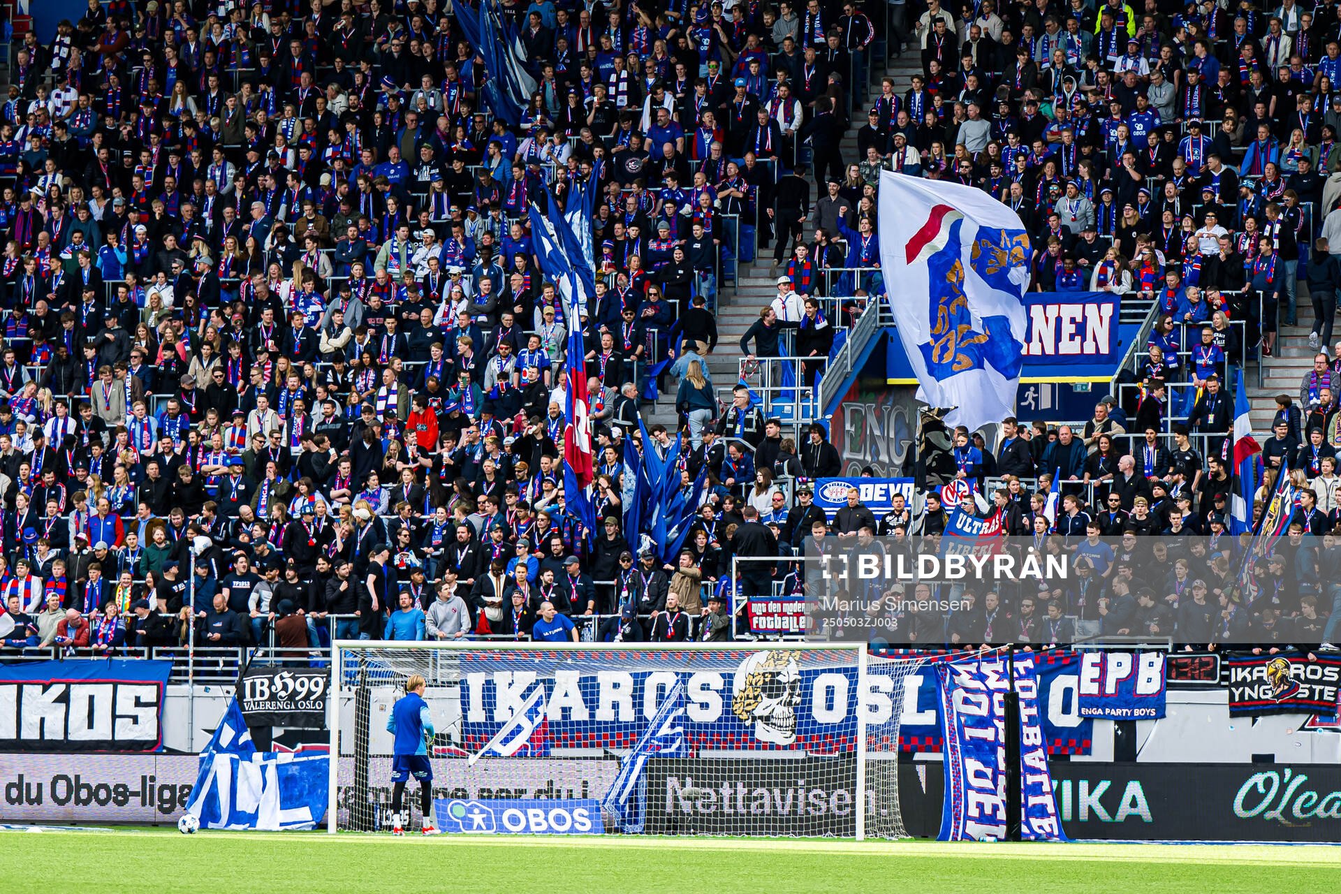Spectators in the stands ahead of the Eliteserien match between Vålerenga and Brann on May 3, 2025 in Oslo. 
