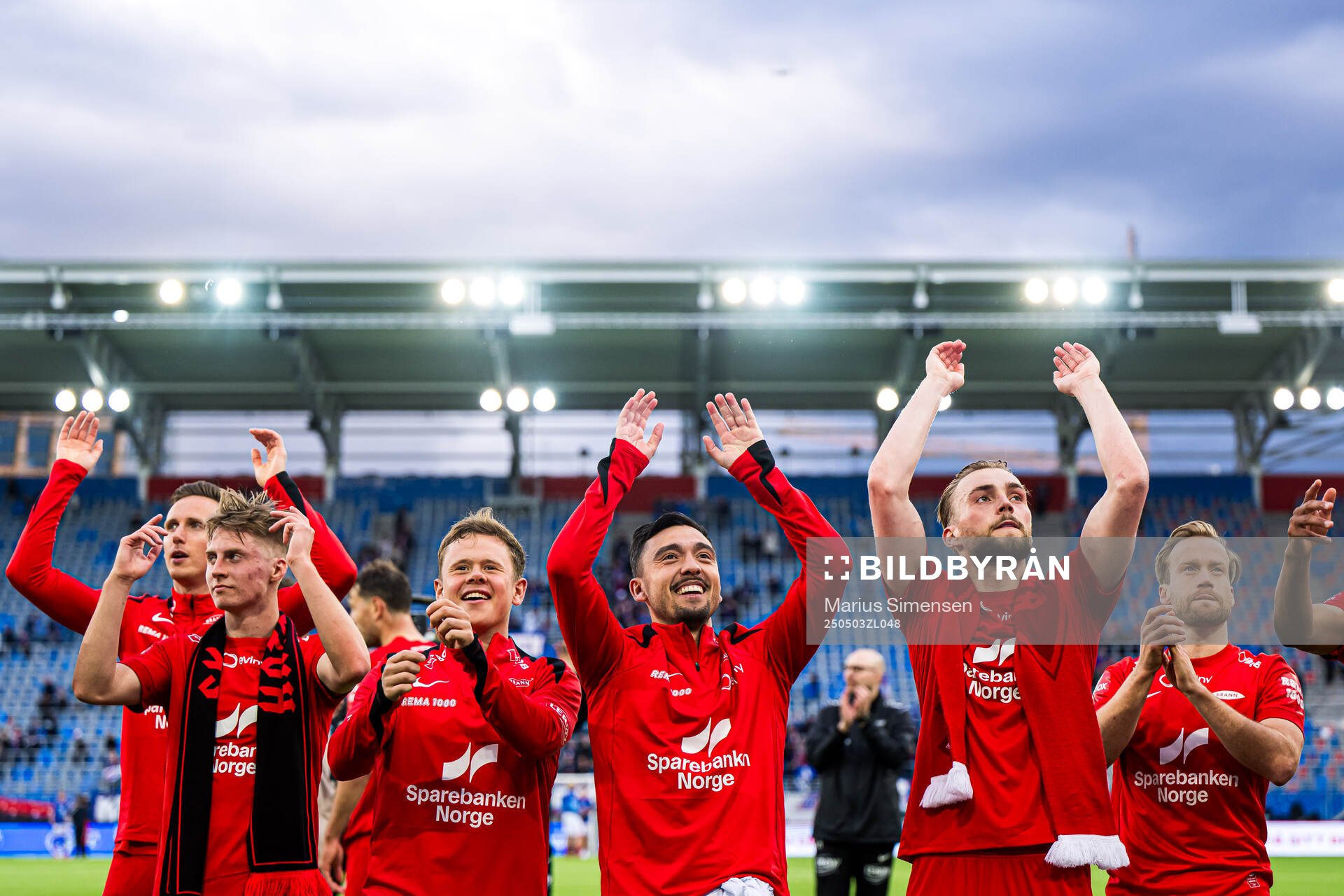 Lars Bjørnerud Remmem, Eggert Aron Gudmundsson, Niklas Castro, Mads Berg Sande and Bård Finne of Brann celebrates after the Eliteserien match between Rosenborg and Molde on May 3, 2025 in Oslo.