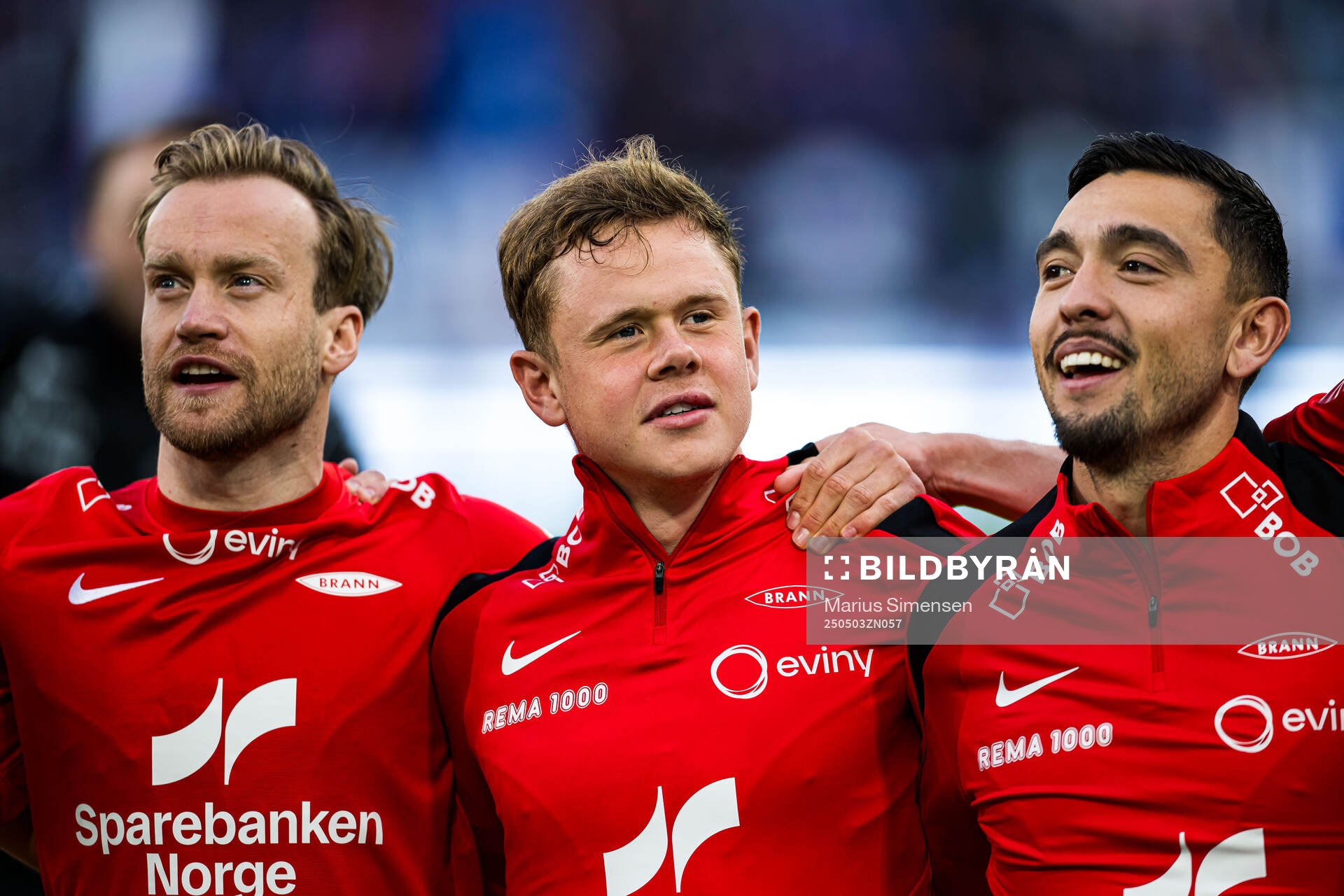 Bård Finne, Eggert Aron Gudmundsson and Niklas Castro of Brann after the Eliteserien match between Rosenborg and Molde on May 3, 2025 in Oslo.
