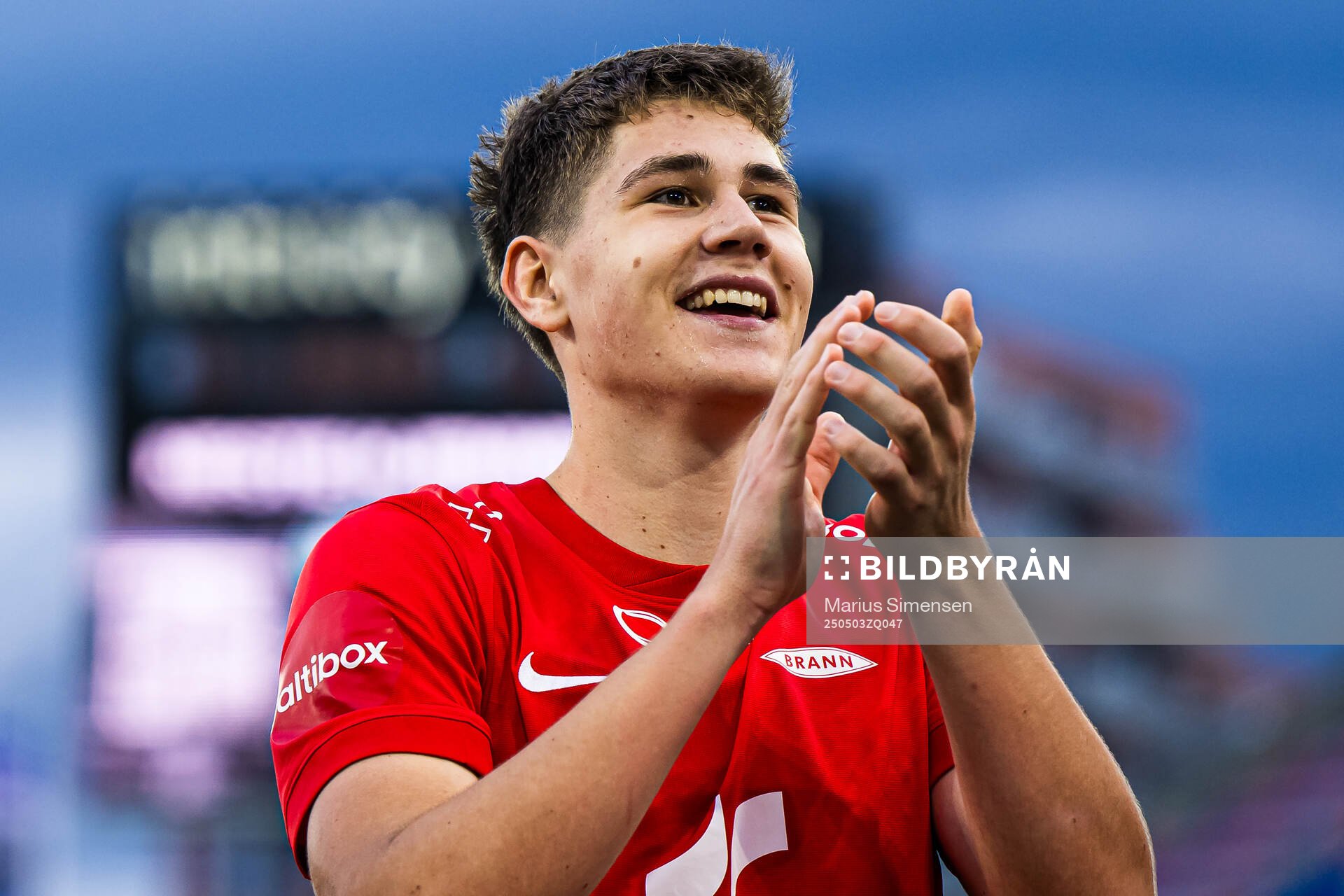 Eivind Helland of Brann after the Eliteserien match between Rosenborg and Molde on May 3, 2025 in Oslo. 