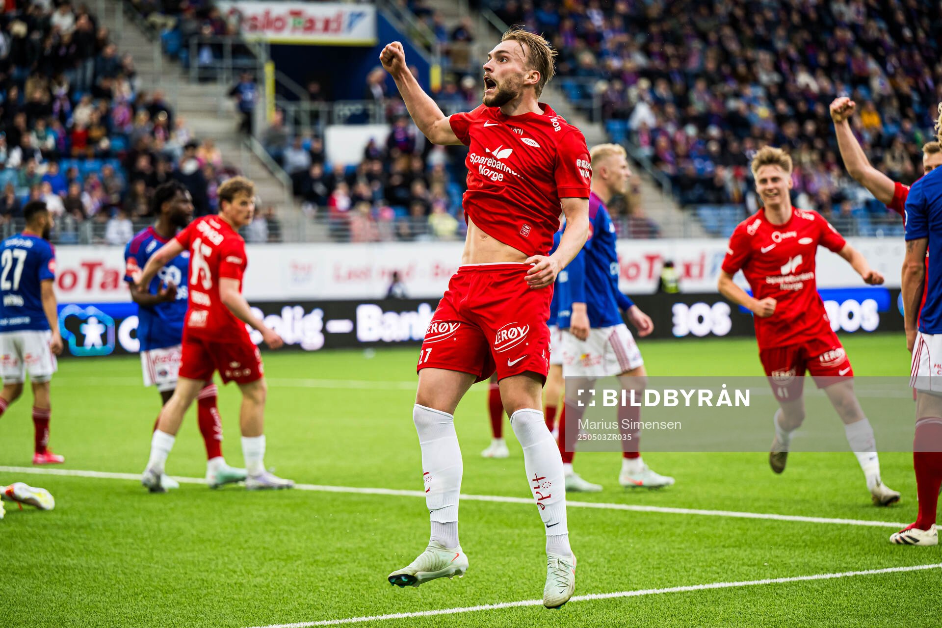 Mads Berg Sande of Brann celebrates after scoring the 2-3 goal during the Eliteserien match between Rosenborg and Molde on May 3, 2025 in Oslo.