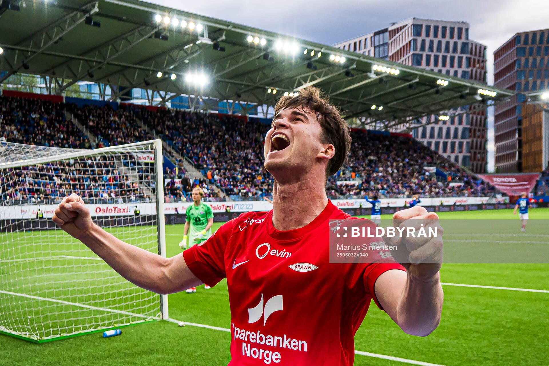 Mads Hansen of Brann celebrates after 2-3 during the Eliteserien match between Rosenborg and Molde on May 3, 2025 in Oslo. 