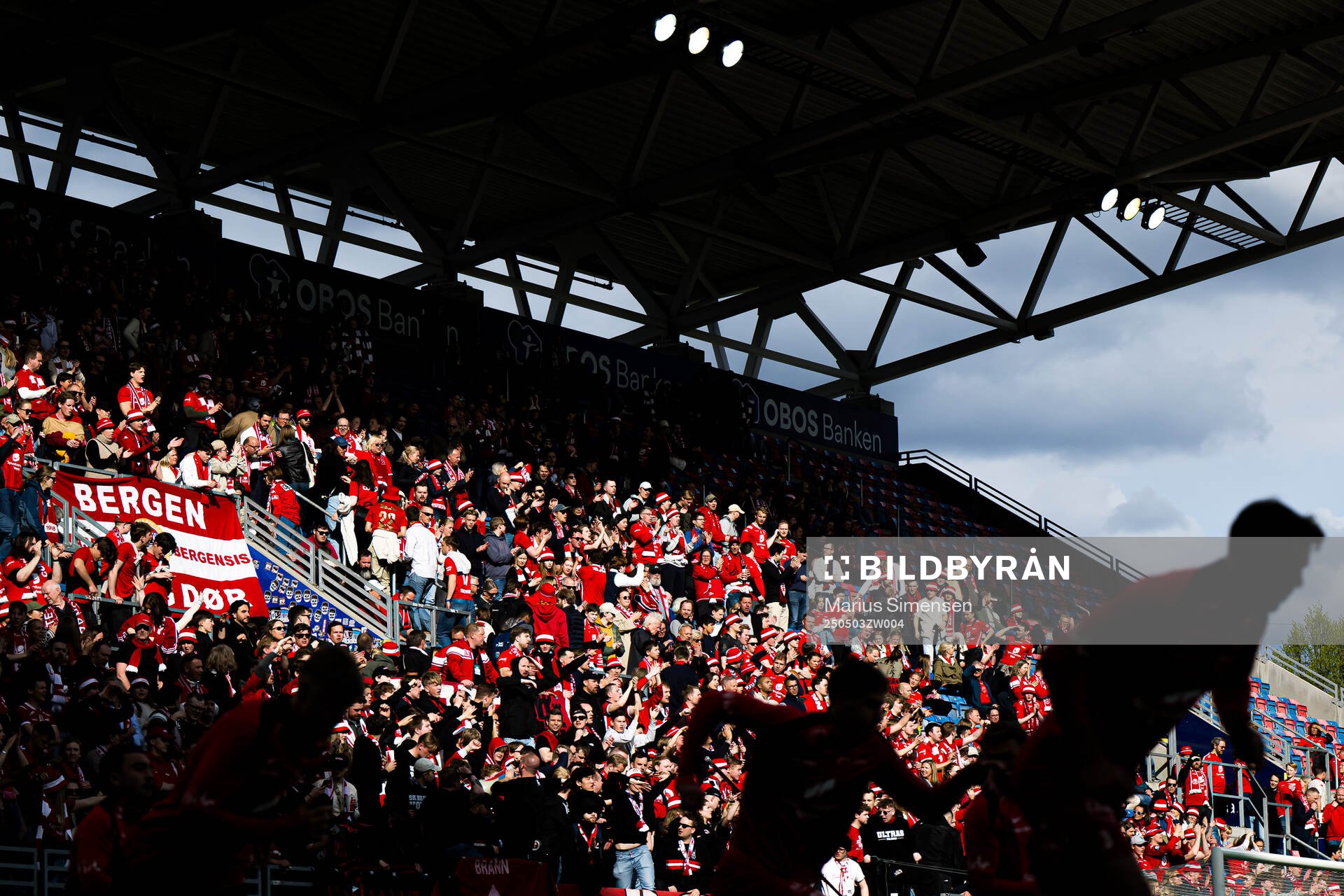 Spectators in the stands ahead of the Eliteserien match between Vålerenga and Brann on May 3, 2025 in Oslo. 

