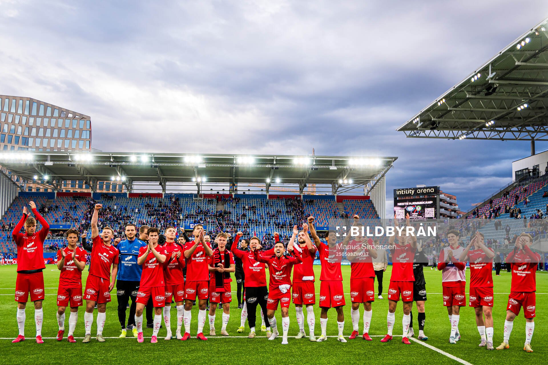Players of Brann celebrates after the Eliteserien match between Rosenborg and Molde on May 3, 2025 in Oslo. 
