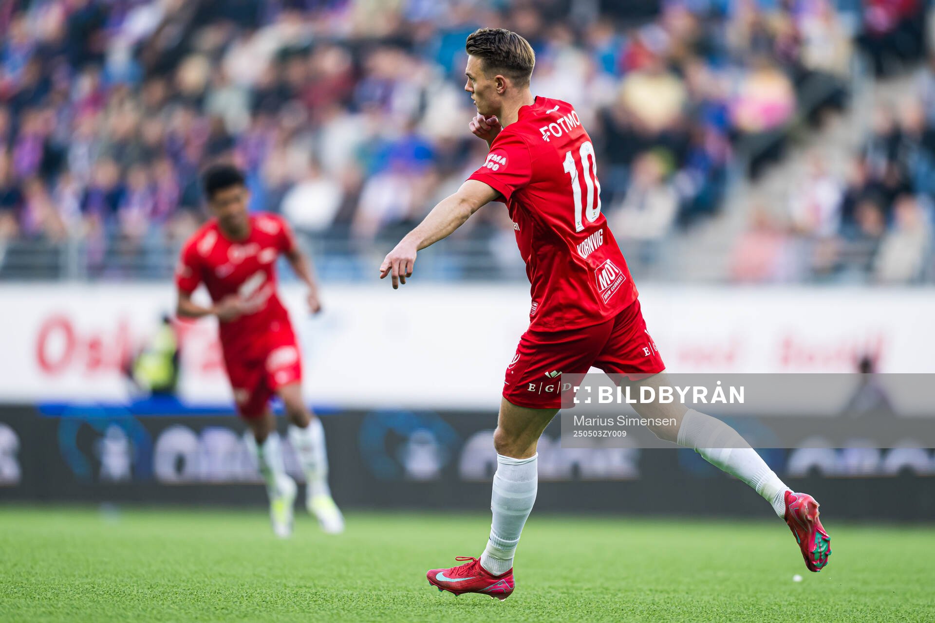 Emil Kornvig of Brann celebrates after scoring the 0-1 goal during the Eliteserien match between Rosenborg and Molde on May 3, 2025 in Oslo.