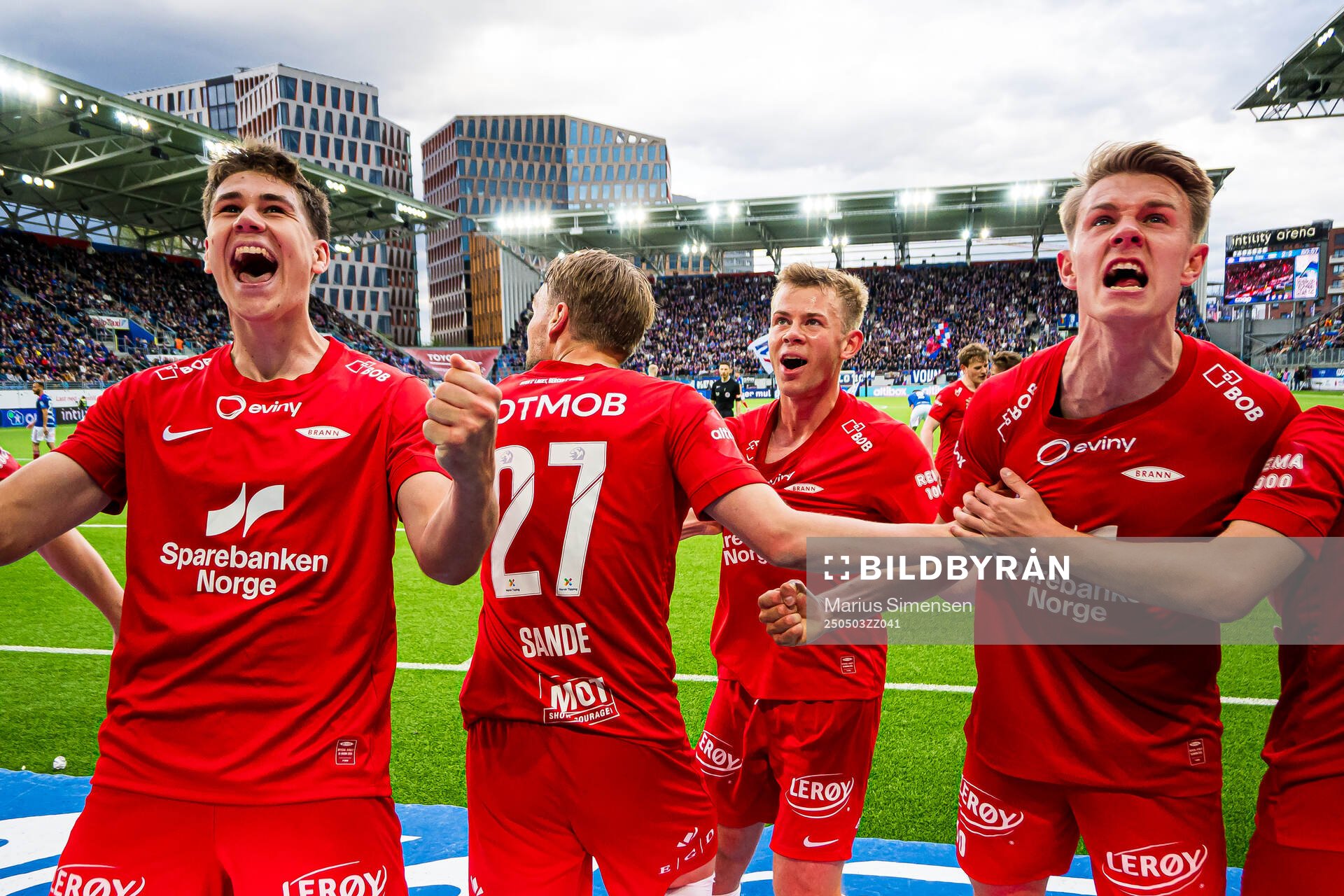 Eivind Helland, Mads Berg Sande, Aune Heggebø and Emil Kornvig of Brann celebrates after the 2-3 goal during the Eliteserien match between Rosenborg and Molde on May 3, 2025 in Oslo.