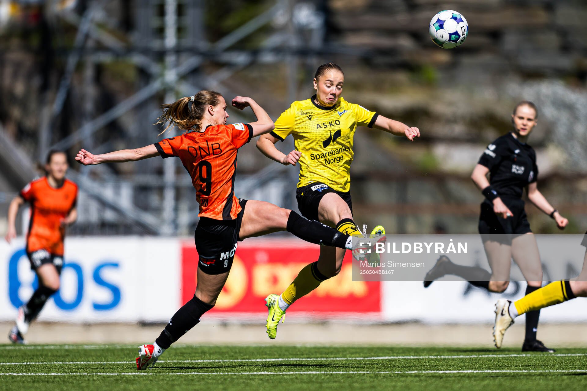 Marie Myhrvold Seim of Åsane and Amalie Isabell Taraldsen of Start during the 1. division football match between Åsane and Start on May 4, 2025 in Bergen.
