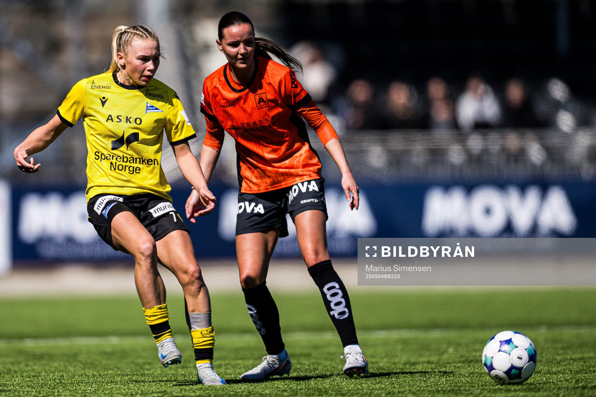 Ina Marie Andresen of Start and Dina Fosso Dale of Åsane during the 1. division football match between Åsane and Start on May 4, 2025 in Bergen.