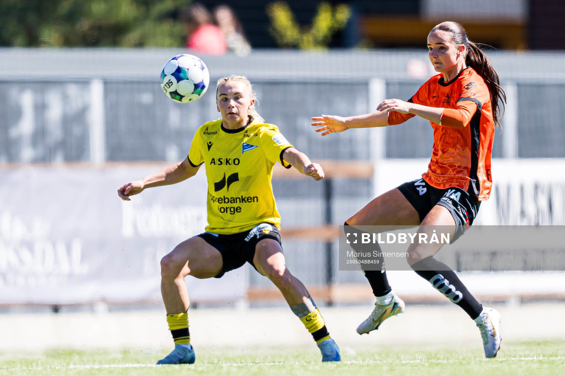 Ina Marie Andresen of Start and Dina Fosso Dale of Åsane during the 1. division football match between Åsane and Start on May 4, 2025 in Bergen.