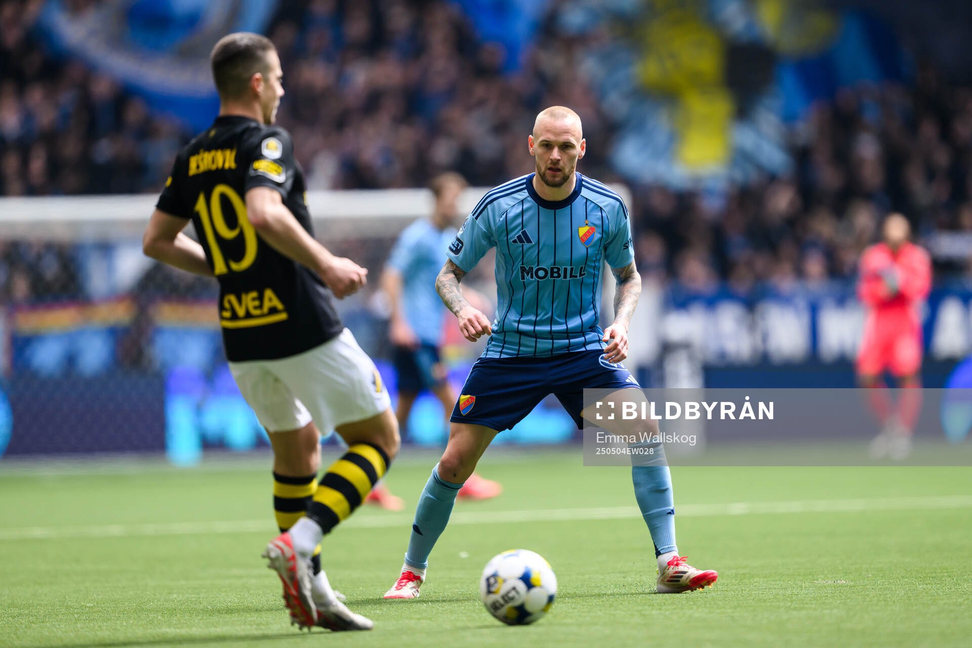 Djurgårdens Adam Ståhl under fotbollsmatchen i Allsvenskan mellan Djurgården och AIK den 4 maj 2025 i Stockholm. 