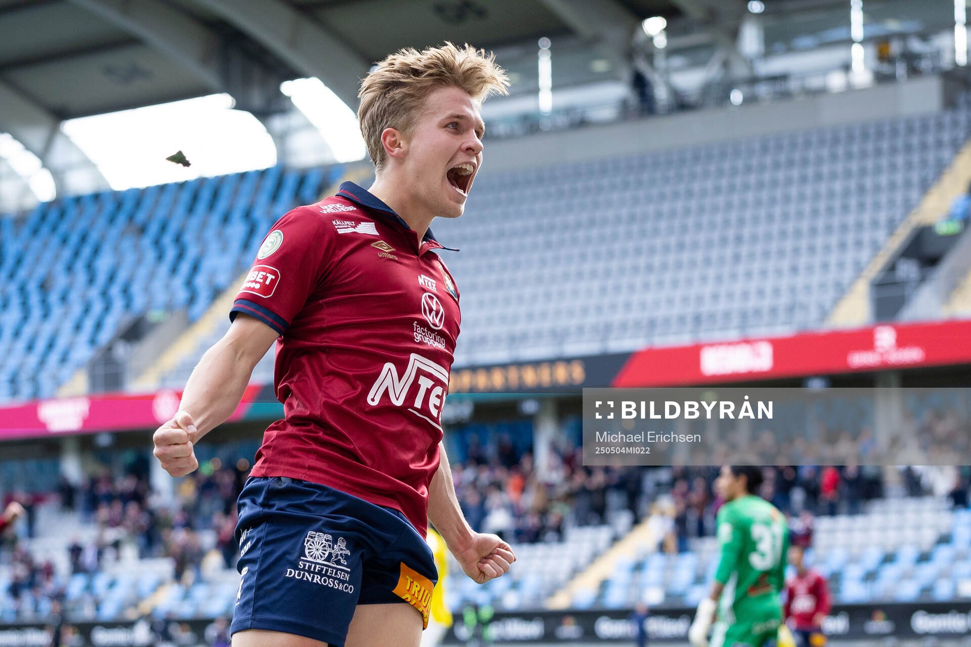 Örgrytes Isak Dahlqvist jublar efter 4-2 under fotbollsmatchen i Superettan mellan Örgryte och Falkenberg den 4 maj 2025 i Göteborg. 
