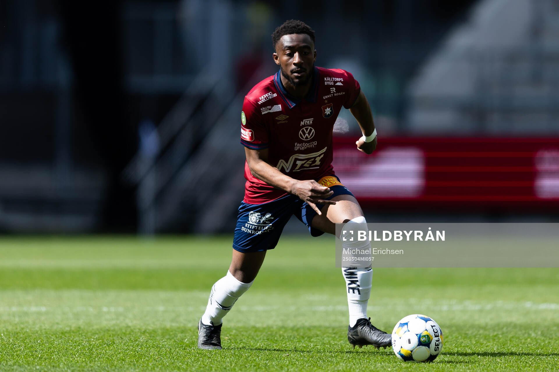 Örgrytes Haladj-Madiou Keita under fotbollsmatchen i Superettan mellan Örgryte och Falkenberg den 4 maj 2025 i Göteborg. 