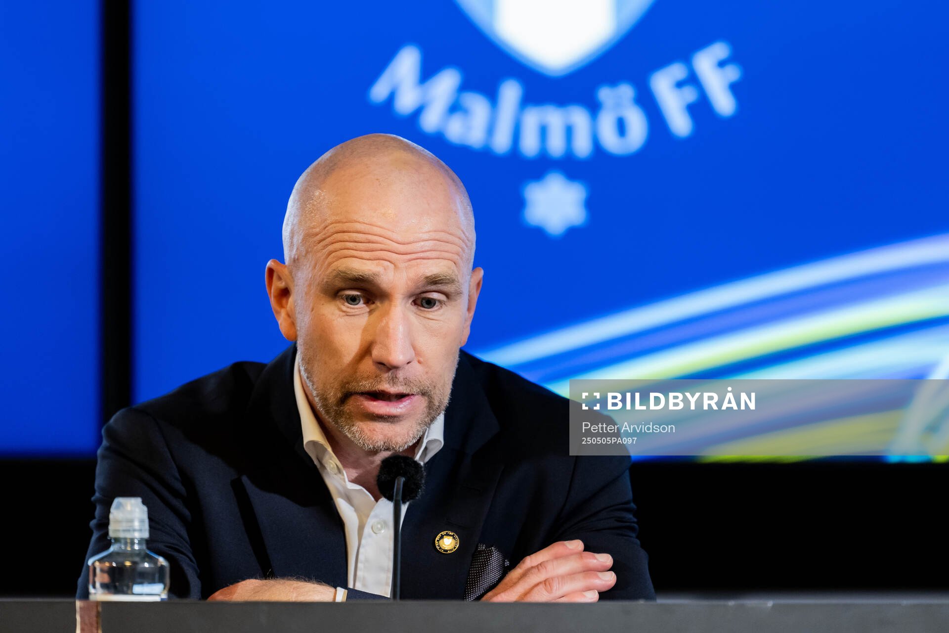 Malmö FFs tränare Henrik Rydström under presskonferensen efter fotbollsmatchen i Allsvenskan mellan Malmö FF och Brommapojkarna den 5 maj 2025 i Malmö.