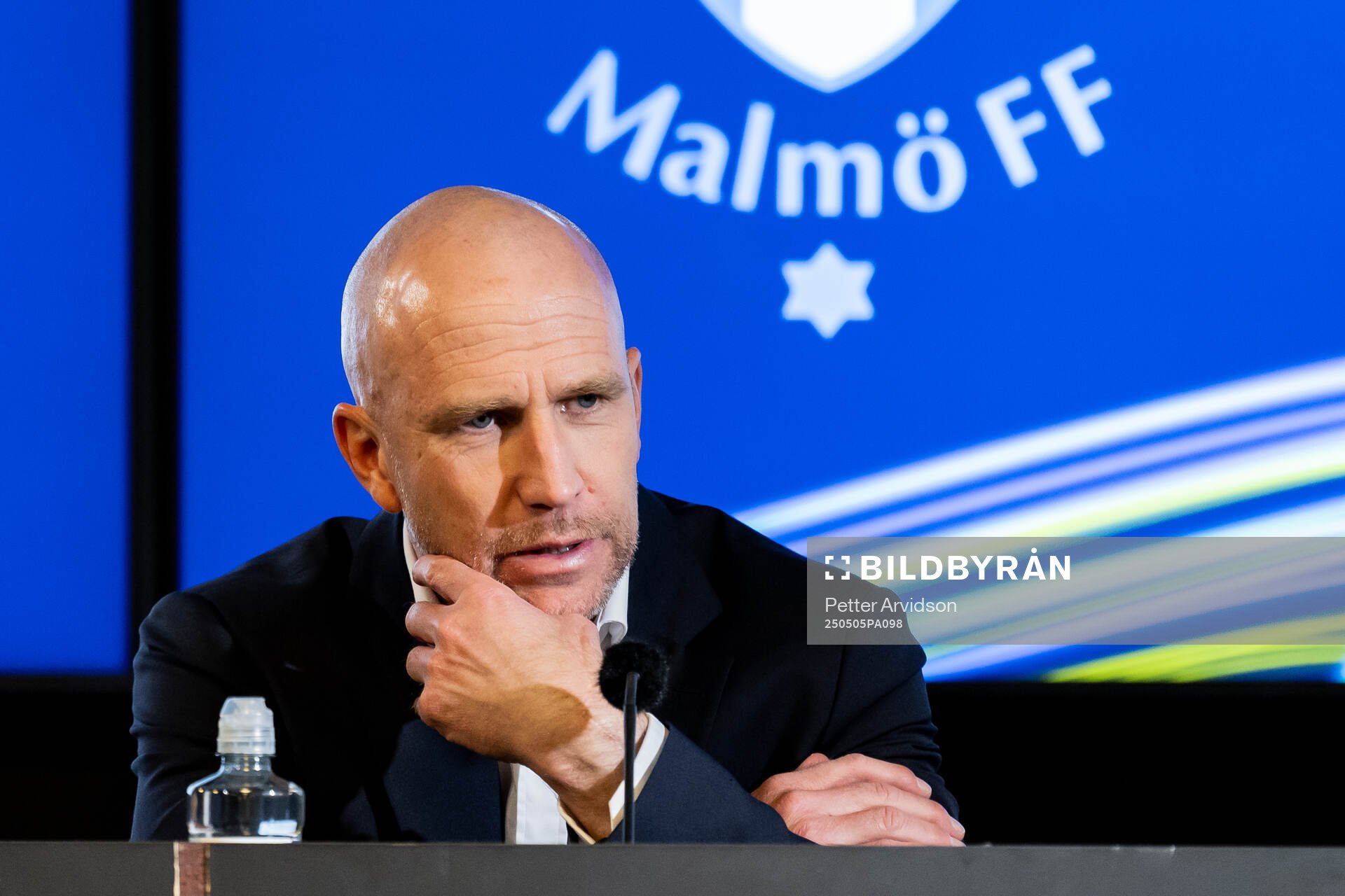 Malmö FFs tränare Henrik Rydström under presskonferensen efter fotbollsmatchen i Allsvenskan mellan Malmö FF och Brommapojkarna den 5 maj 2025 i Malmö.