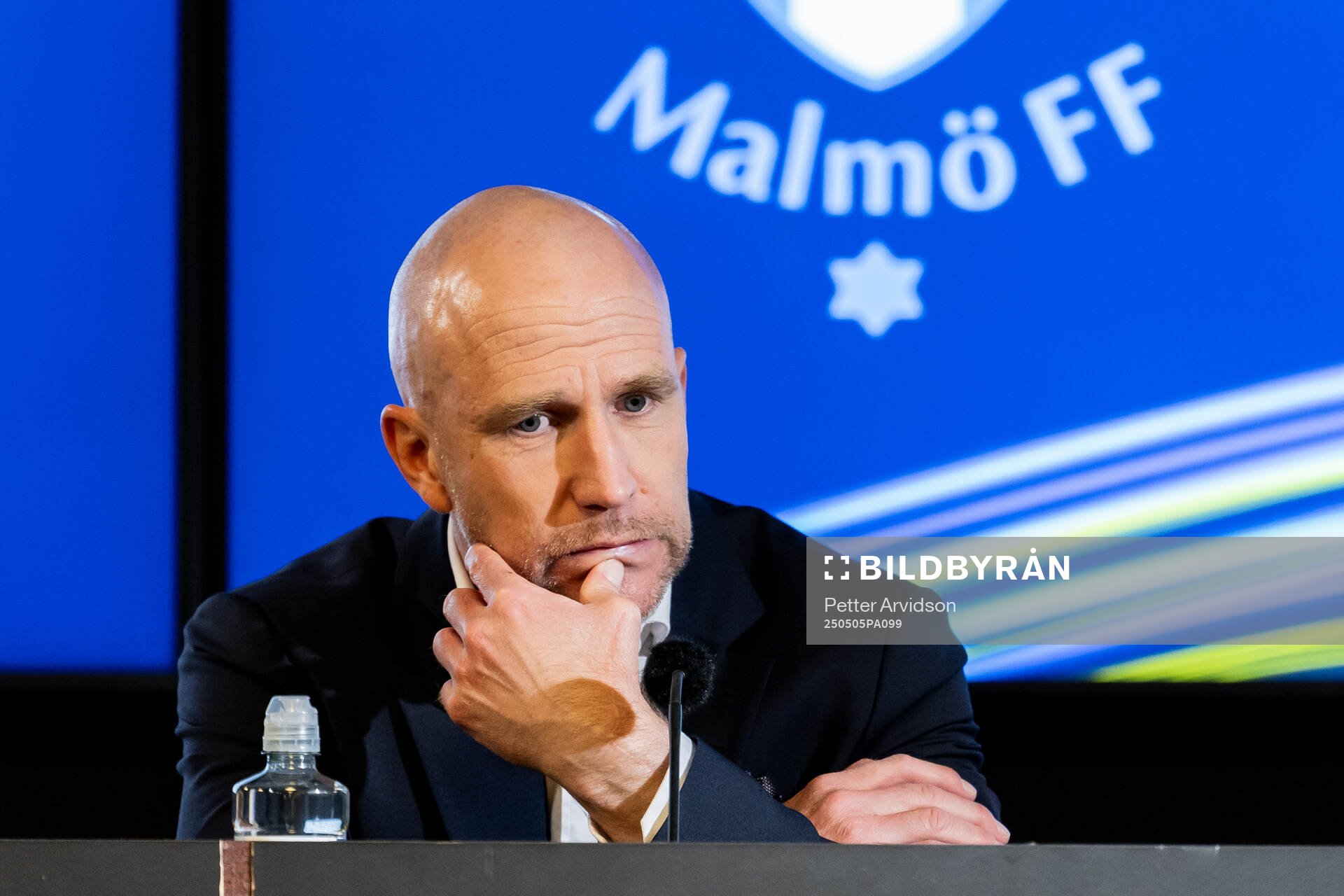 Malmö FFs tränare Henrik Rydström under presskonferensen efter fotbollsmatchen i Allsvenskan mellan Malmö FF och Brommapojkarna den 5 maj 2025 i Malmö.
