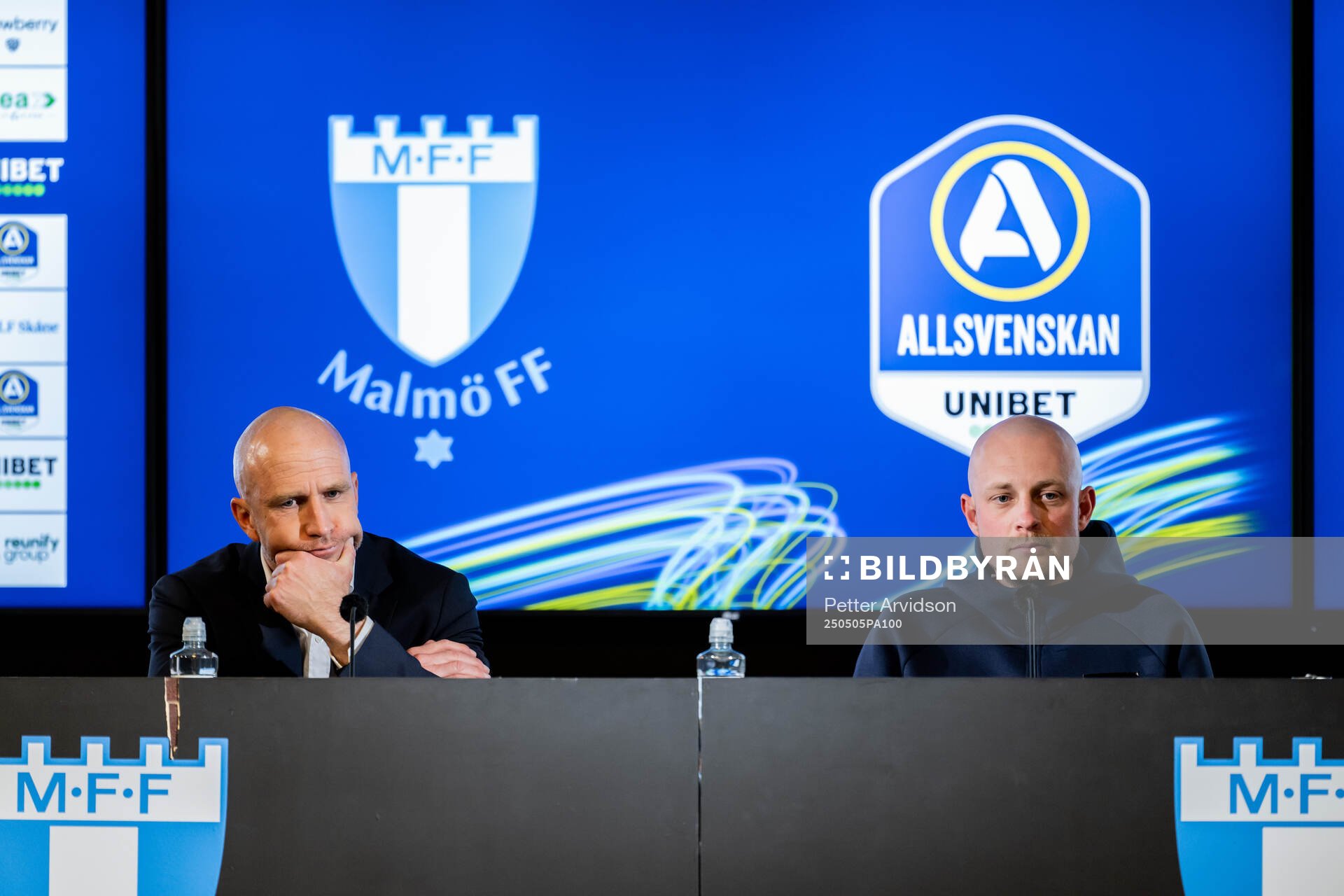 Malmö FFs tränare Henrik Rydström och Brommapojkarnas tränare Fredrik Landén under presskonferensen efter fotbollsmatchen i Allsvenskan mellan Malmö FF och Brommapojkarna den 5 maj 2025 i Malmö.