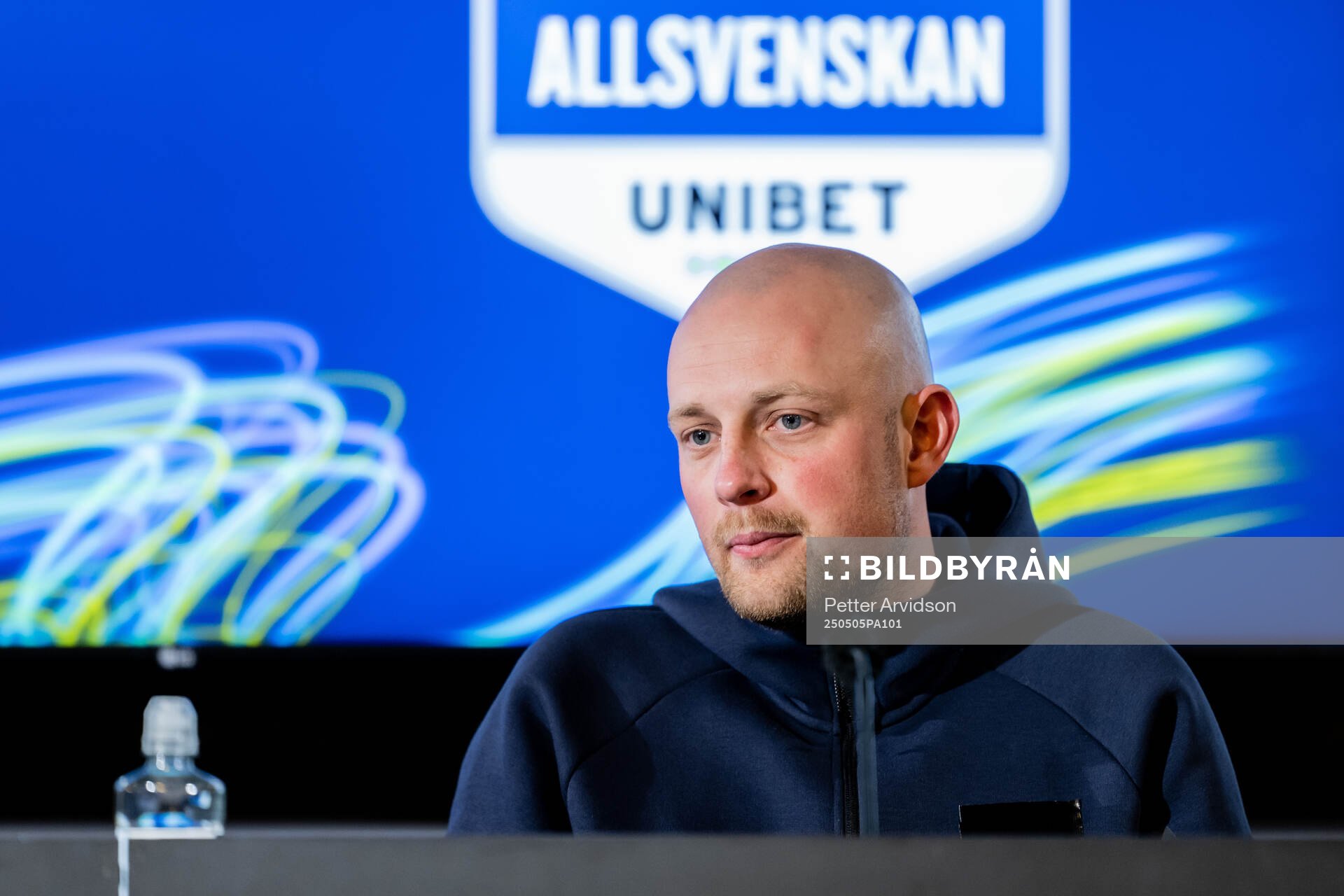 Brommapojkarnas tränare Fredrik Landén under presskonferensen efter fotbollsmatchen i Allsvenskan mellan Malmö FF och Brommapojkarna den 5 maj 2025 i Malmö.