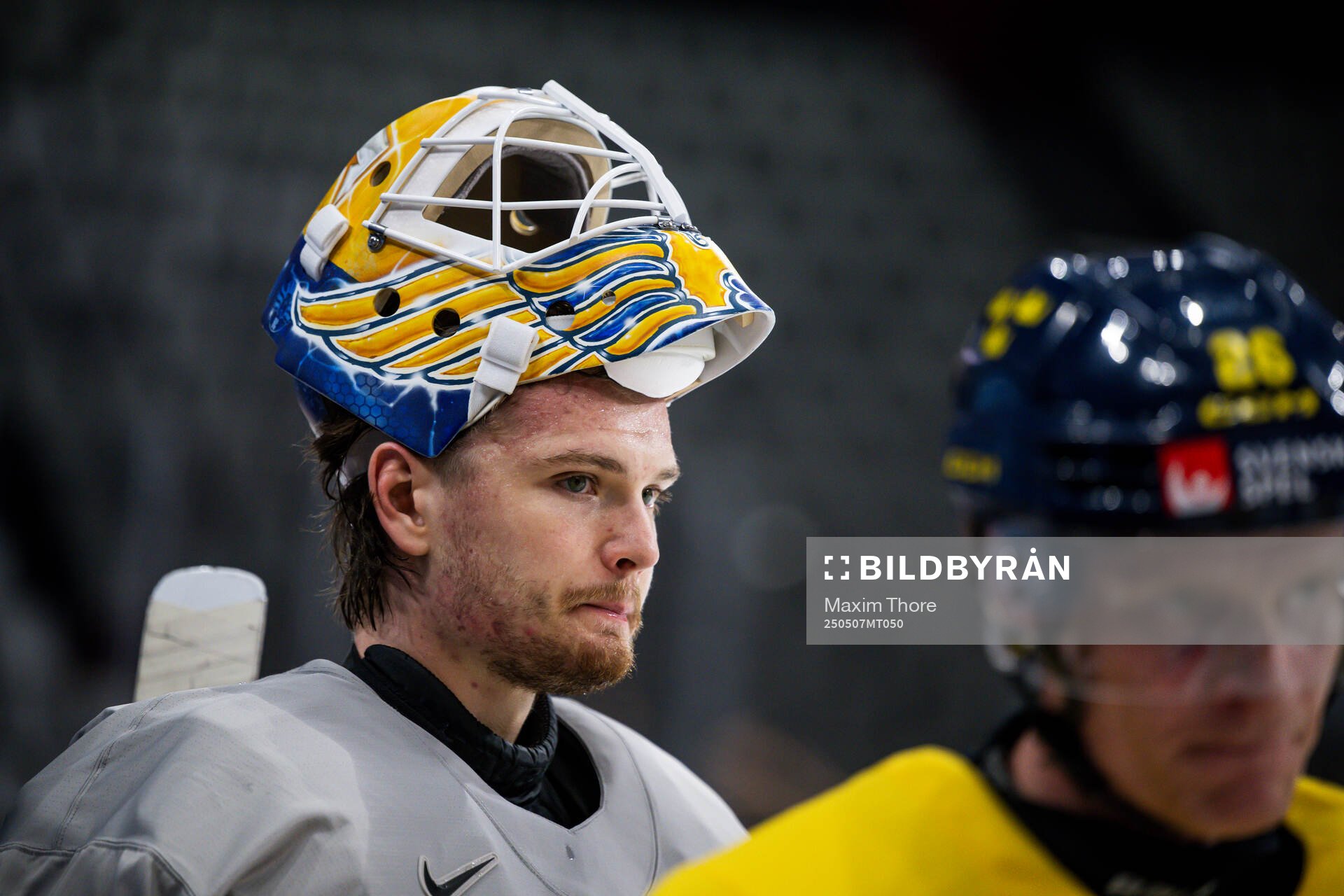 Goaltender Arvid Söderblom of Sweden at a practice session