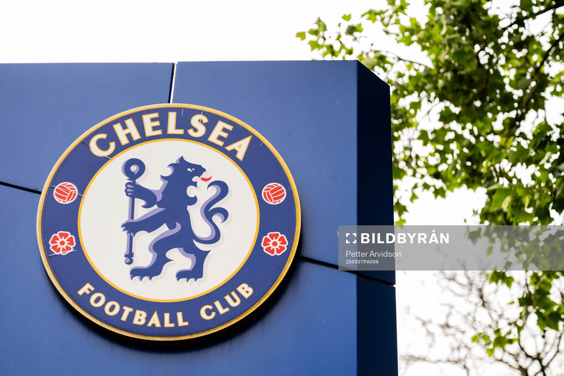 General view of the logo of Chelsea ahead of a UEFA Conference League training session on May 7, 2025 in London. 