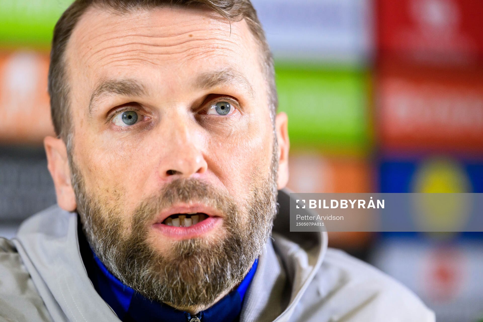 Head coach Jani Honkavaara of Djurgården during a UEFA Conference League press conference on May 7, 2025 in London.