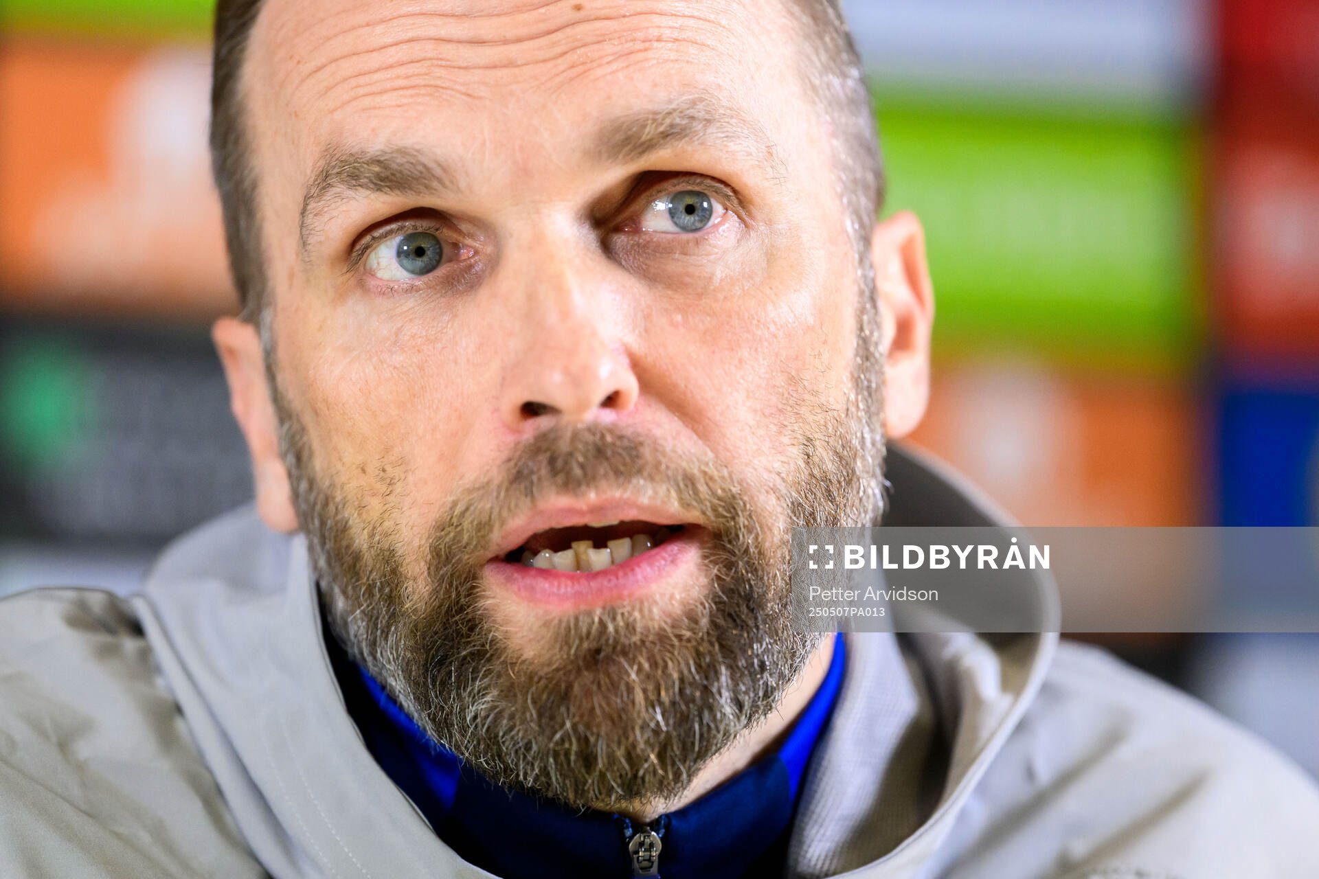 Head coach Jani Honkavaara of Djurgården during a UEFA Conference League press conference on May 7, 2025 in London.