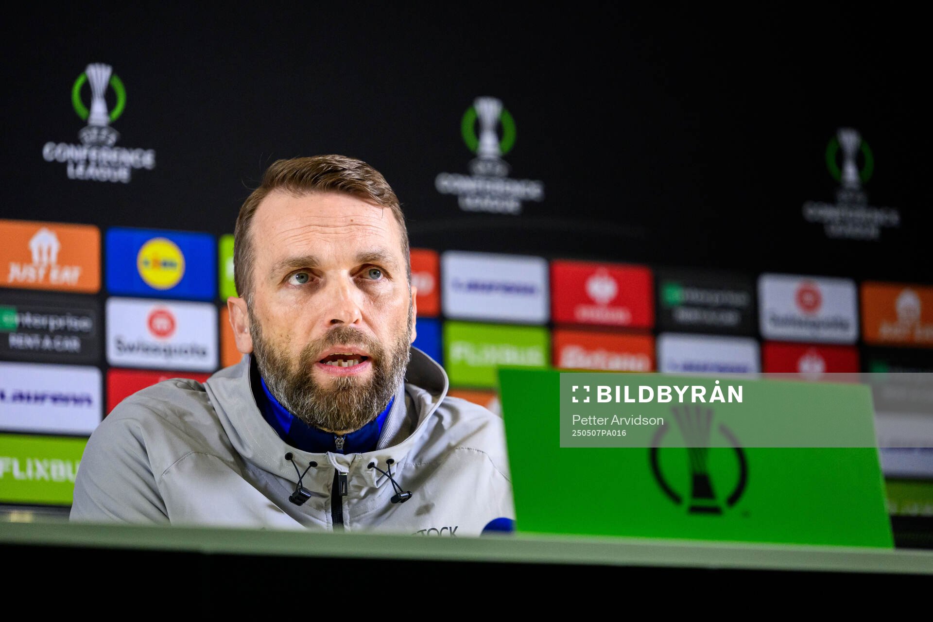 Head coach Jani Honkavaara of Djurgården during a UEFA Conference League press conference on May 7, 2025 in London.