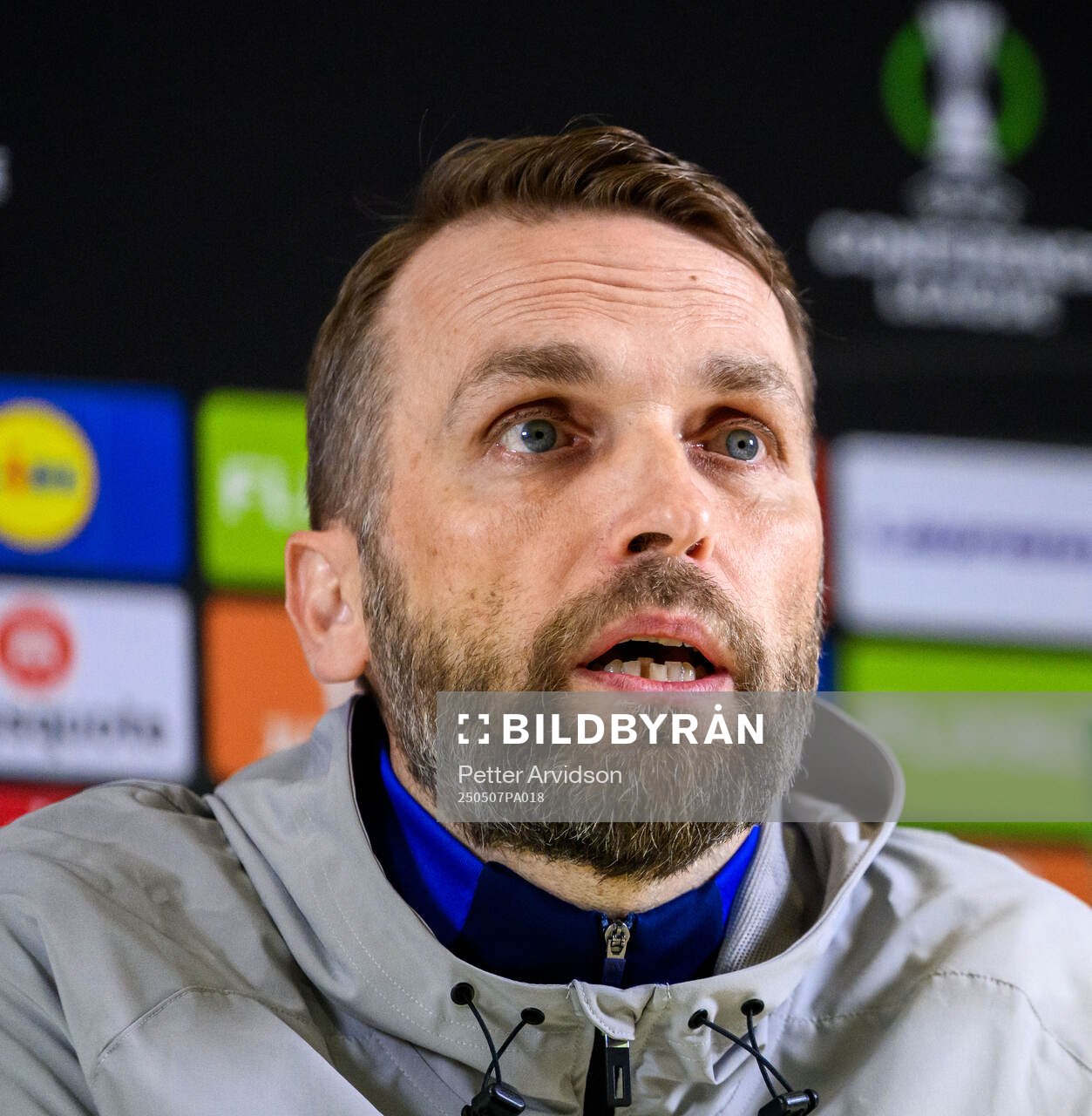 Head coach Jani Honkavaara of Djurgården during a UEFA Conference League press conference on May 7, 2025 in London.