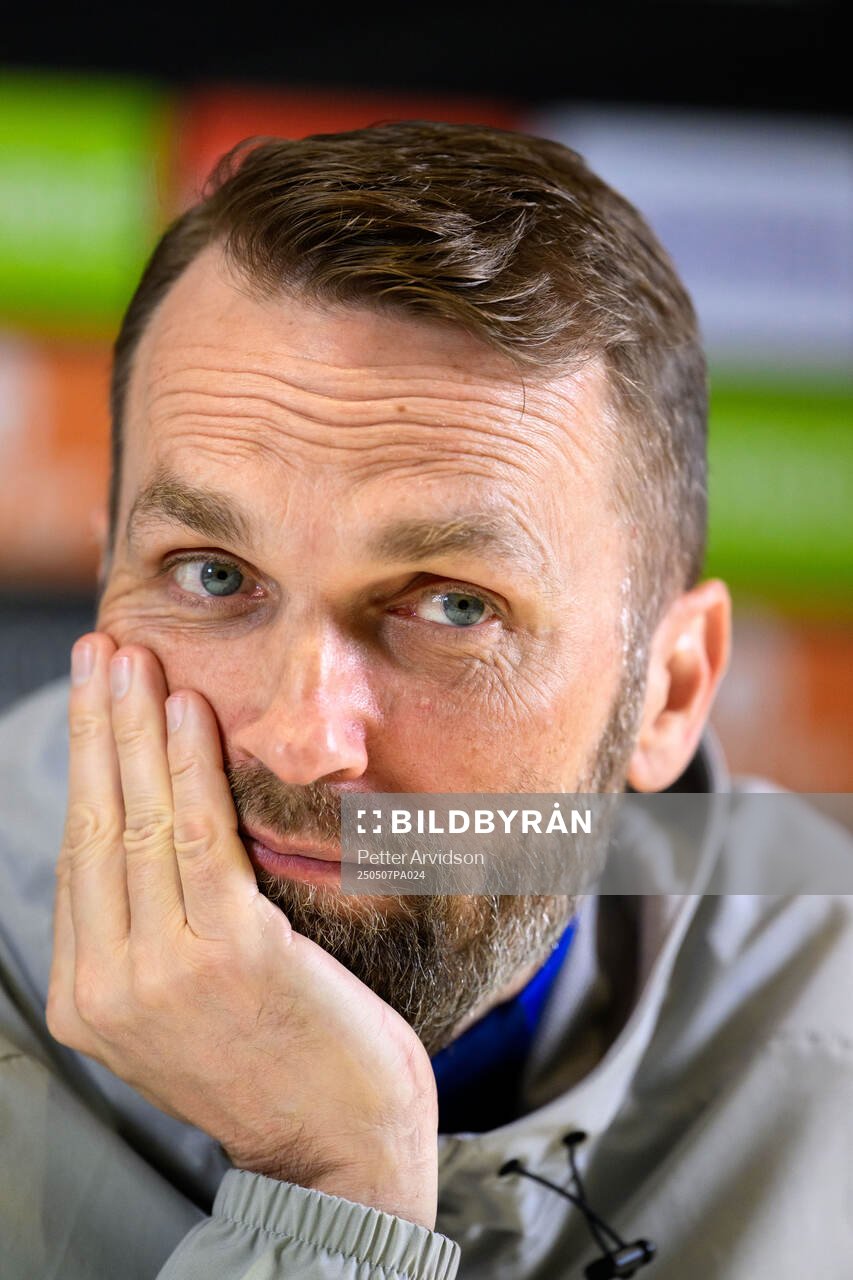 Head coach Jani Honkavaara of Djurgården during a UEFA Conference League press conference on May 7, 2025 in London.