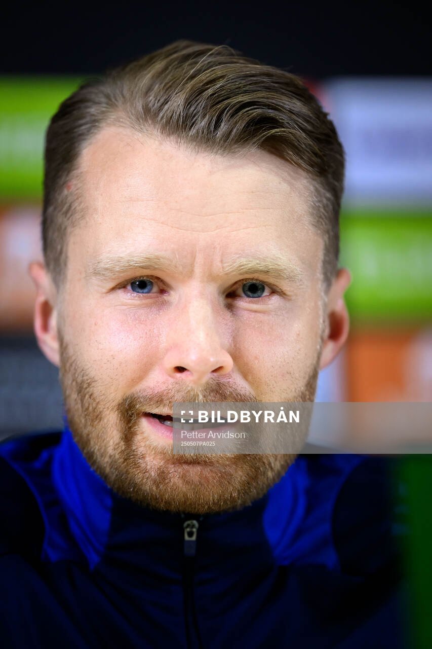Jacob Une of Djurgården during a UEFA Conference League press conference on May 7, 2025 in London. 
