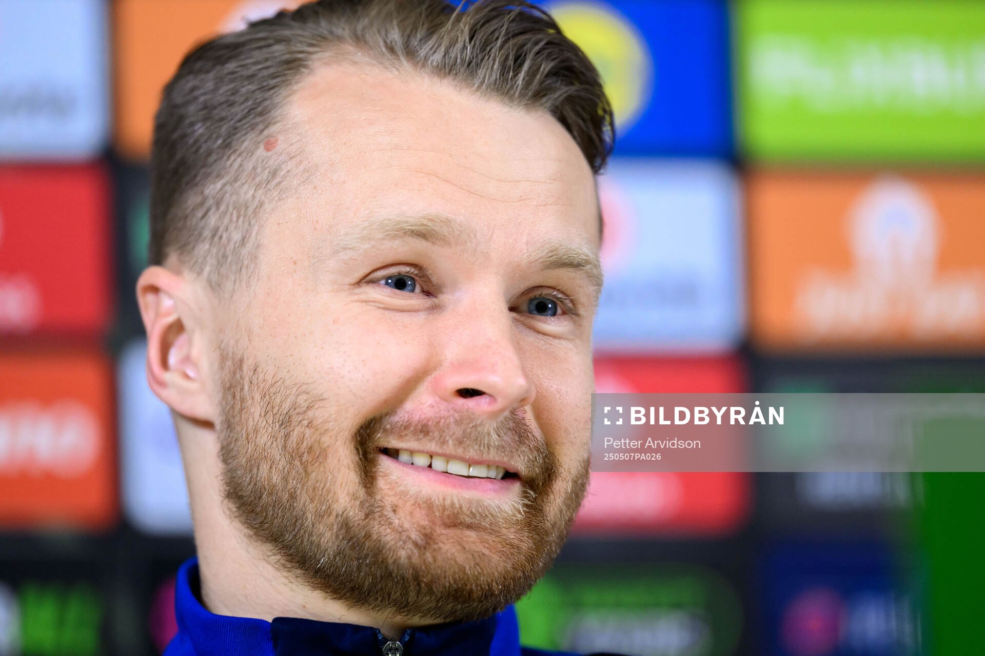 Jacob Une of Djurgården during a UEFA Conference League press conference on May 7, 2025 in London. 