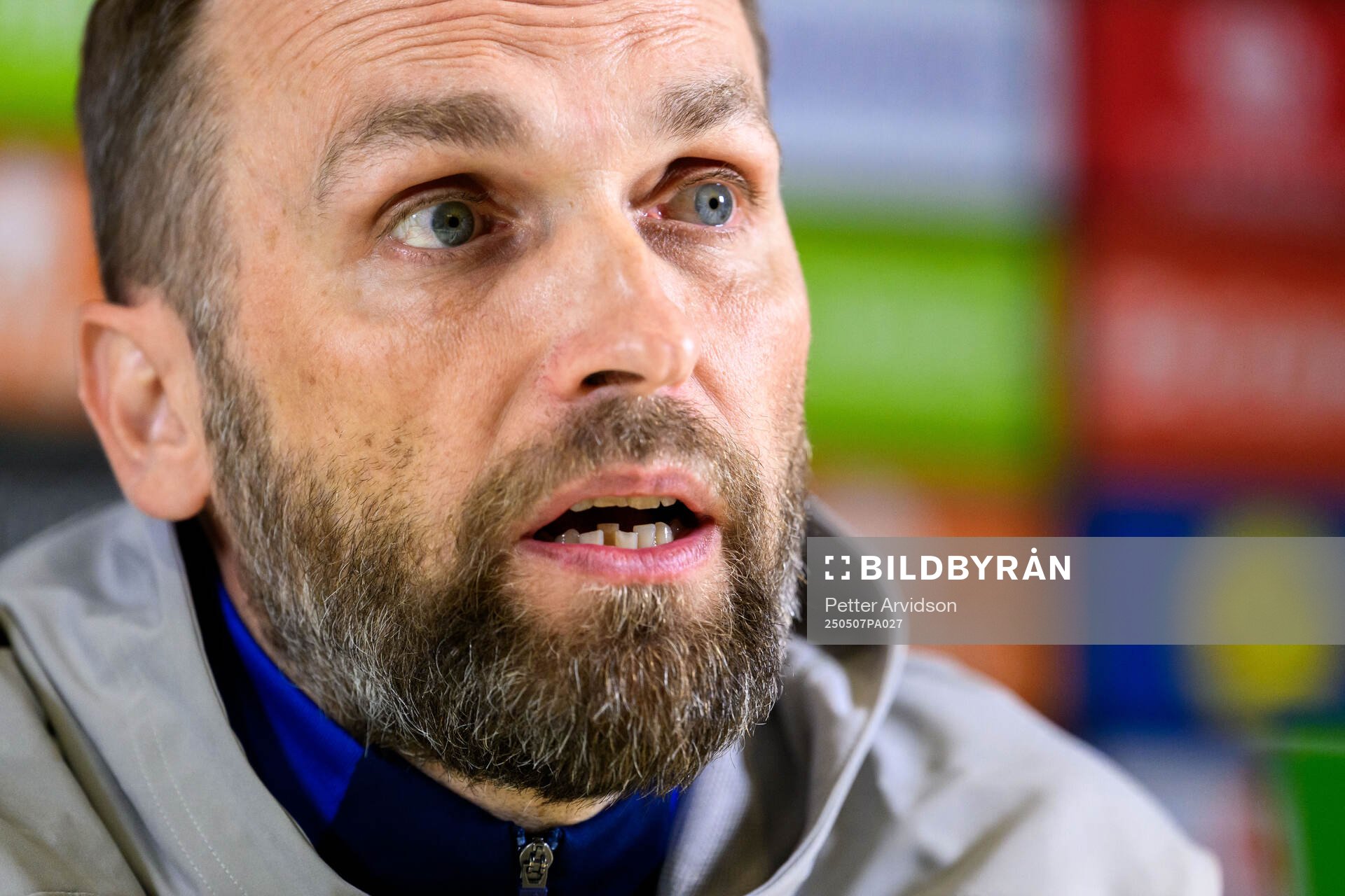 Head coach Jani Honkavaara of Djurgården during a UEFA Conference League press conference on May 7, 2025 in London.