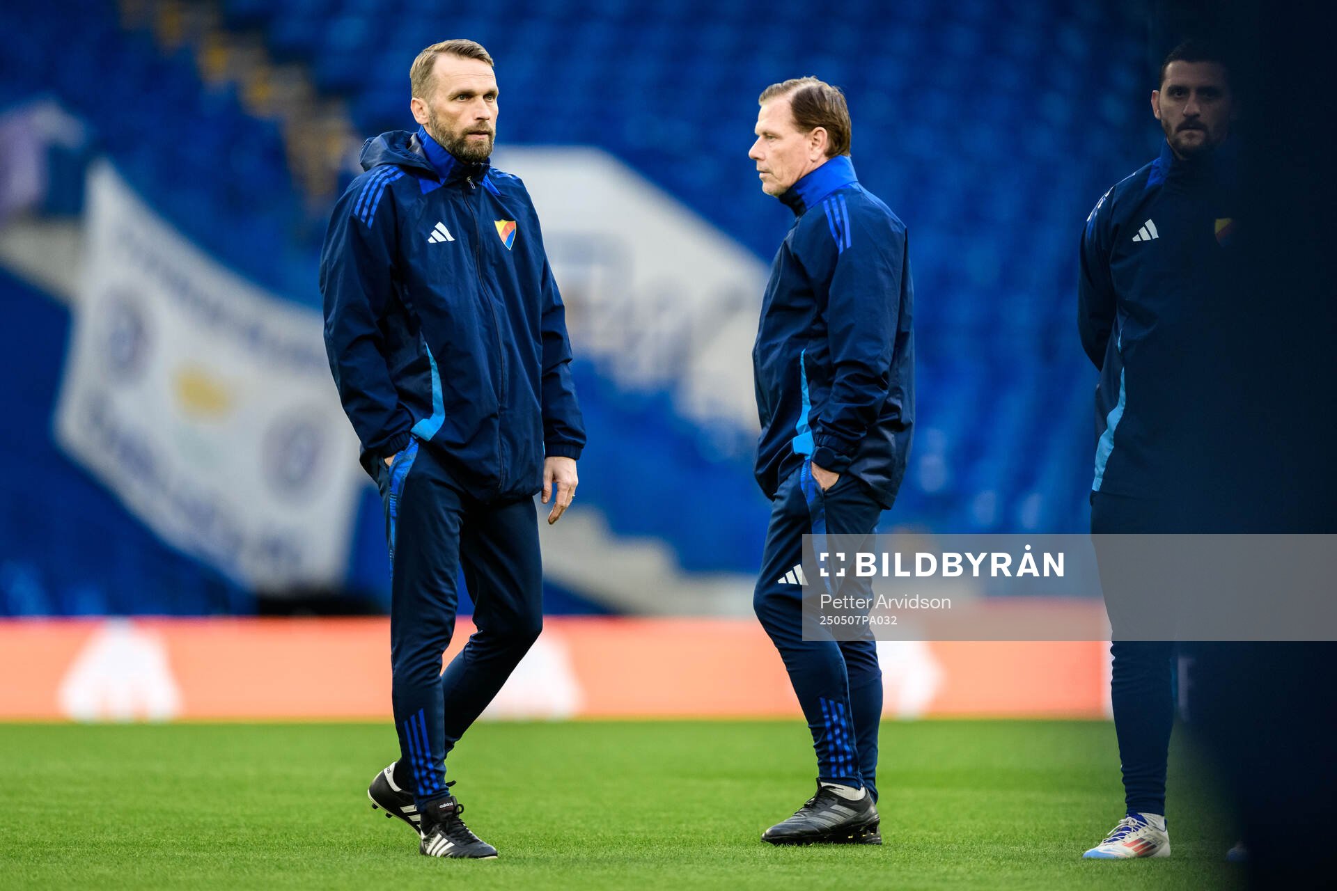 Head coach Jani Honkavaara of Djurgården during a UEFA Conference League training session on May 7, 2025 in London. 
