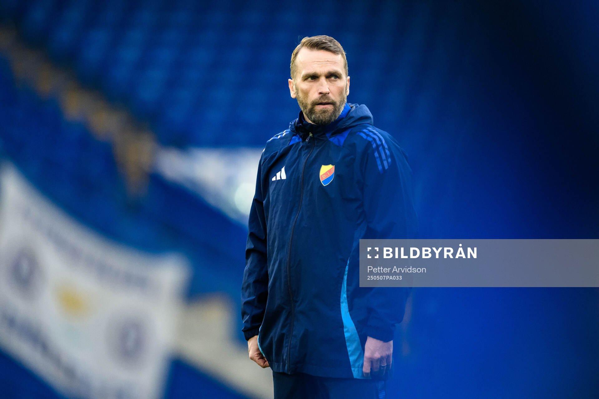 Head coach Jani Honkavaara of Djurgården during a UEFA Conference League training session on May 7, 2025 in London. 