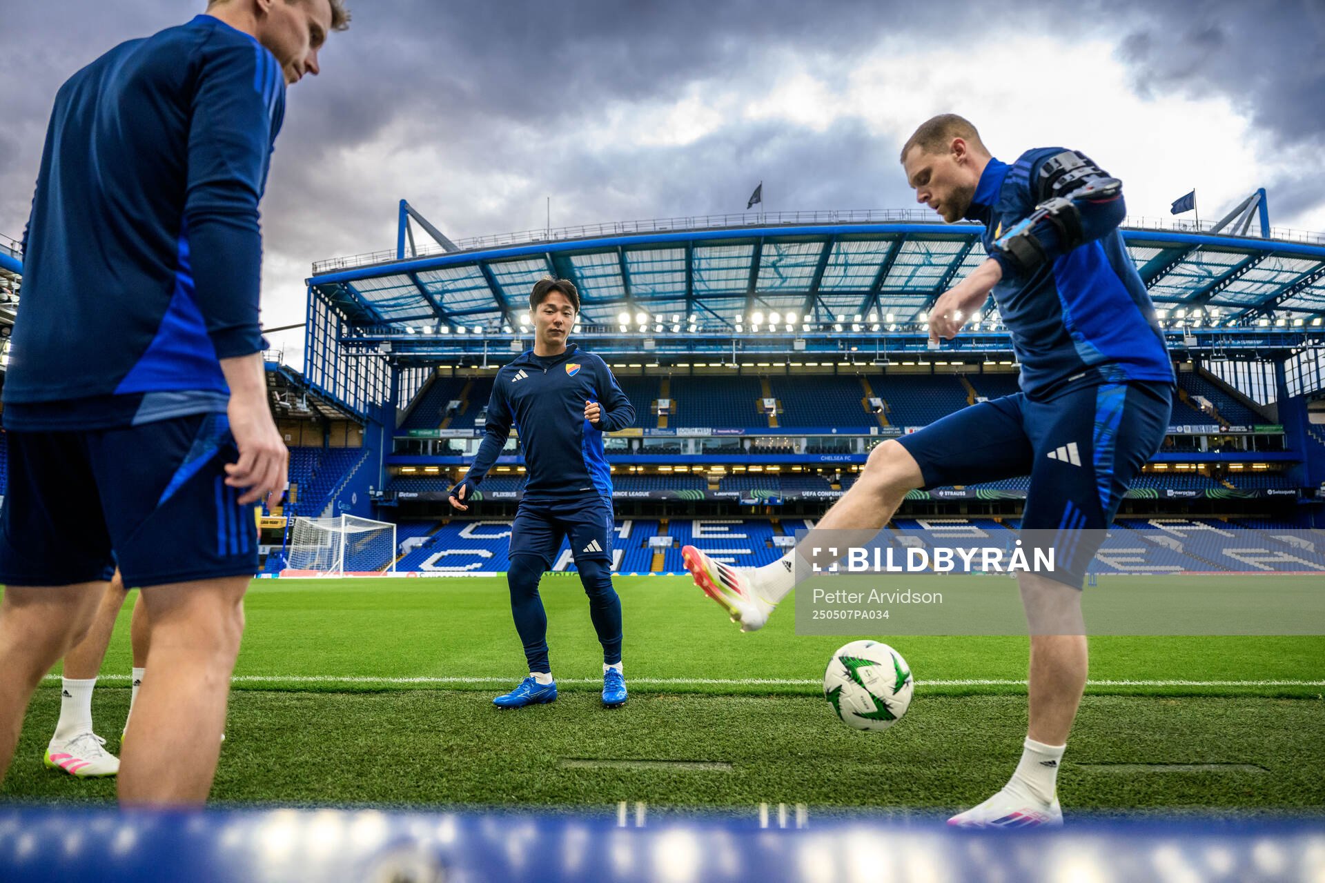 Keita Kosugi and goalkeeper Malkolm Nilsson Säfqvist of Djurgården during a UEFA Conference League training session on May 7, 2025 in London.
