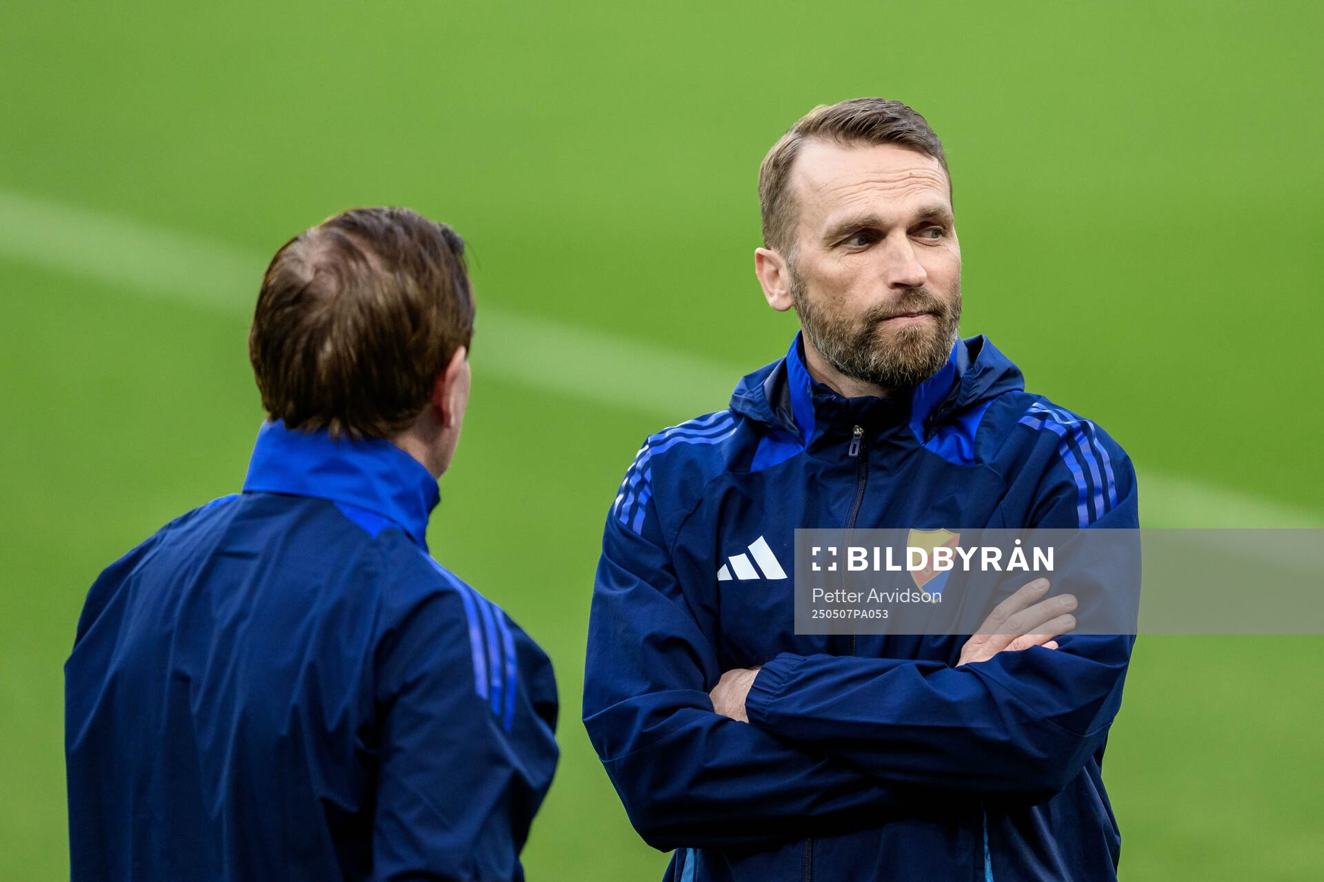 Head coach Jani Honkavaara of Djurgården during a UEFA Conference League training session on May 7, 2025 in London. 