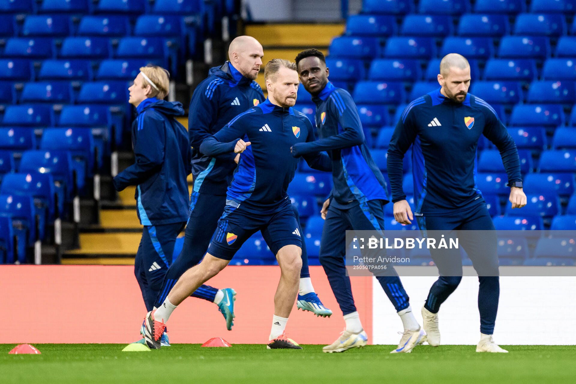 Marcus Danielson, Jacob Une and Tokmac Nguen of Djurgården during a UEFA Conference League training session on May 7, 2025 in London.