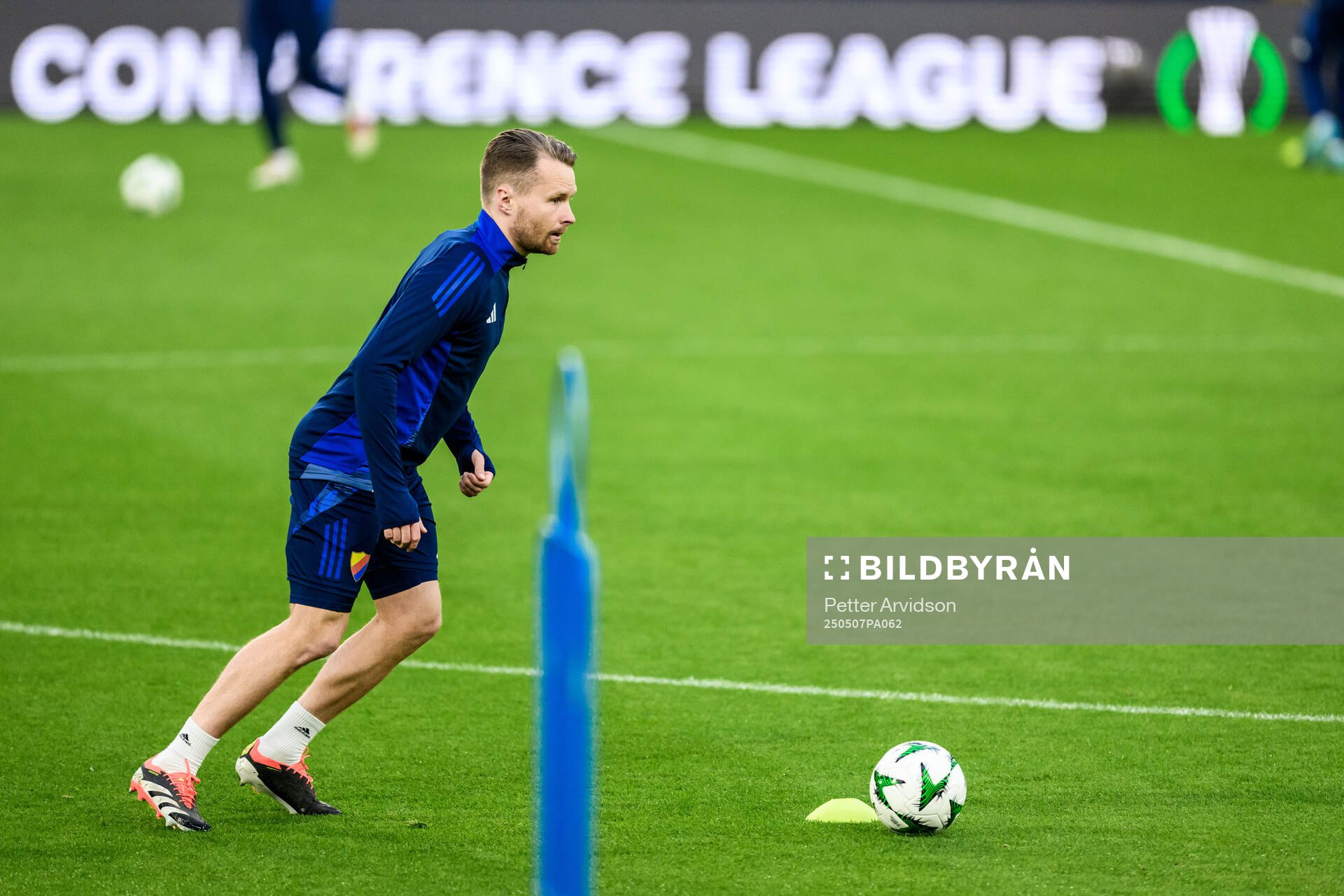 Jacob Une of Djurgården during a UEFA Conference League training session on May 7, 2025 in London. 