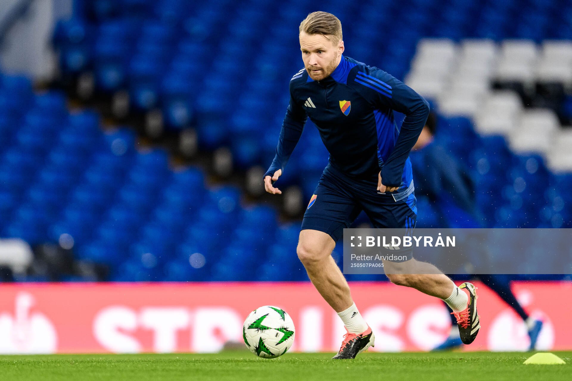 Jacob Une of Djurgården during a UEFA Conference League training session on May 7, 2025 in London. 