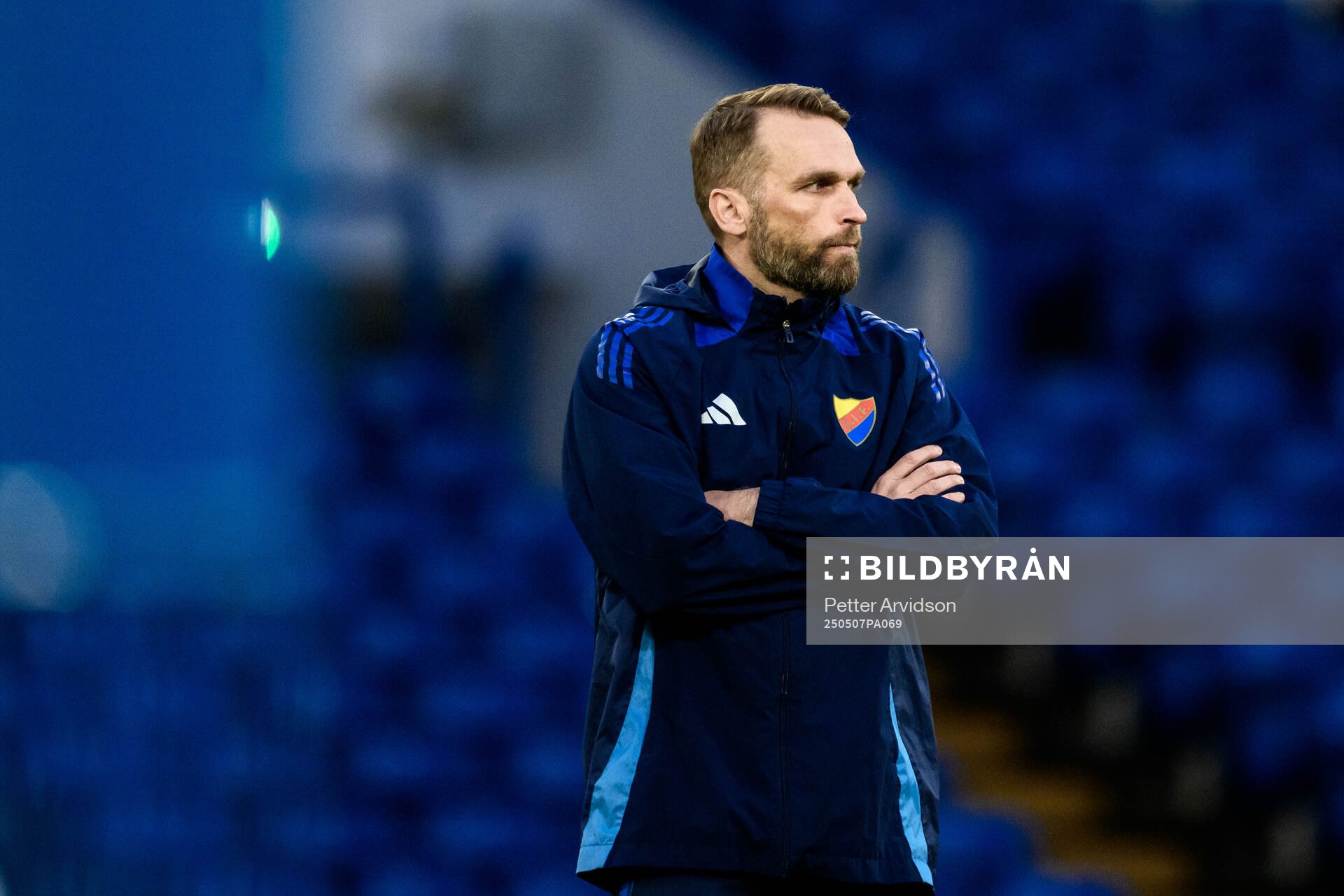Head coach Jani Honkavaara of Djurgården during a UEFA Conference League training session on May 7, 2025 in London. 