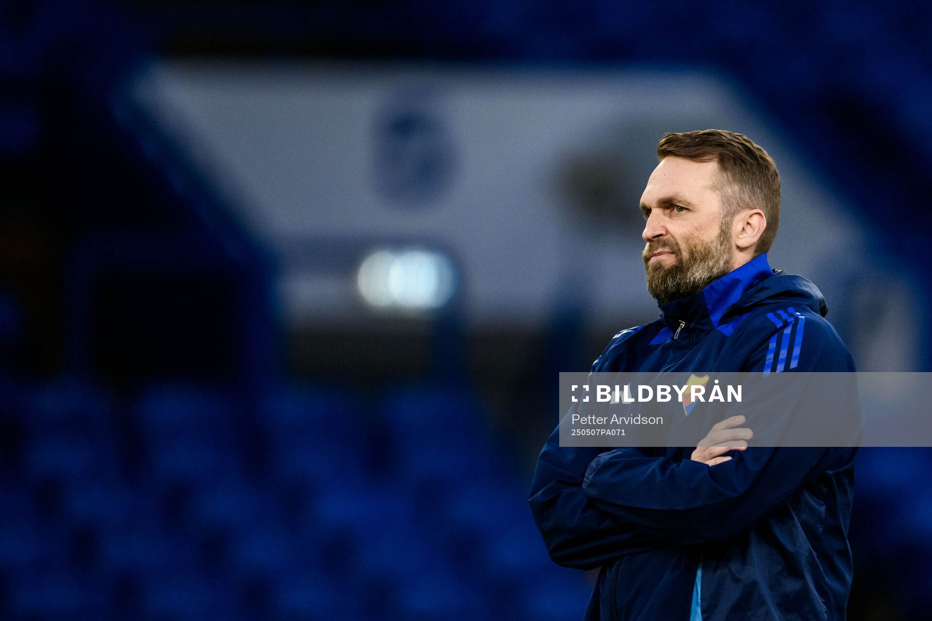 Head coach Jani Honkavaara of Djurgården during a UEFA Conference League training session on May 7, 2025 in London. 