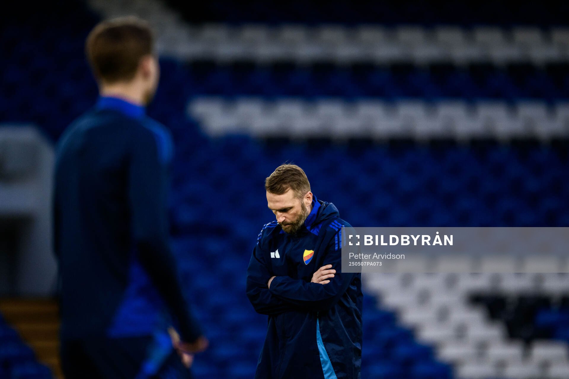 Head coach Jani Honkavaara of Djurgården during a UEFA Conference League training session on May 7, 2025 in London. 