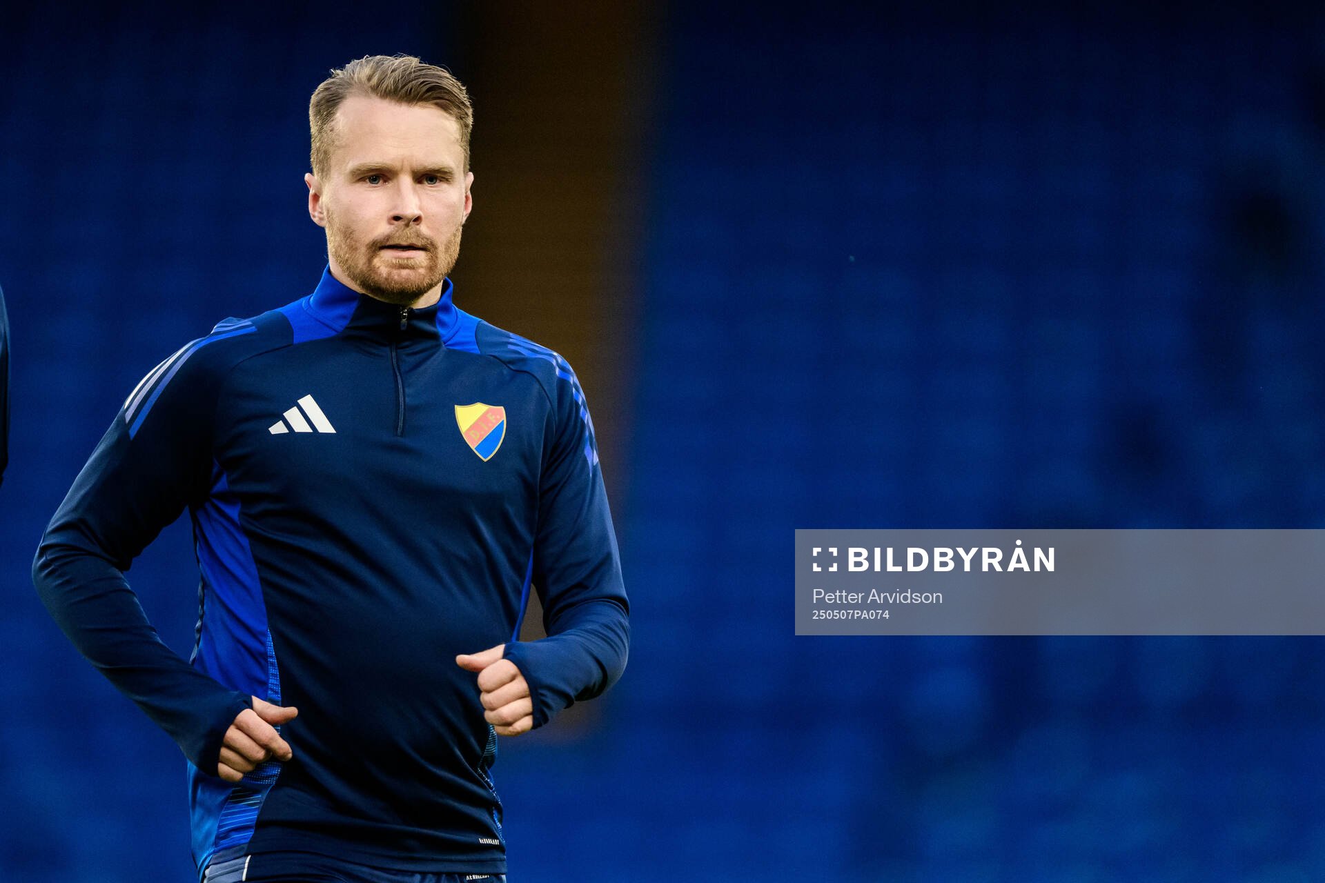 Jacob Une of Djurgården during a UEFA Conference League training session on May 7, 2025 in London. 
