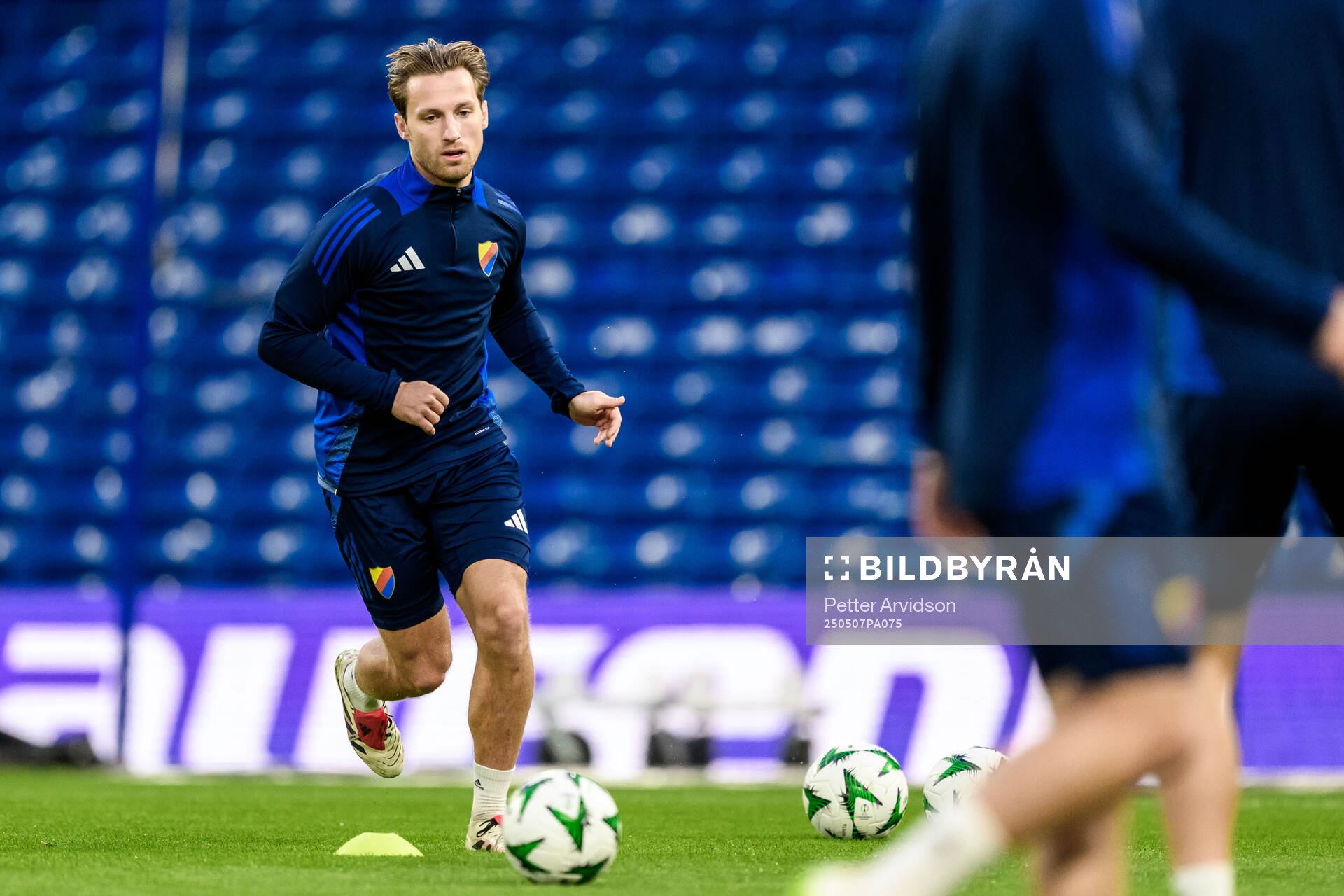 Daniel Stensson of Djurgården during a UEFA Conference League training session on May 7, 2025 in London. 