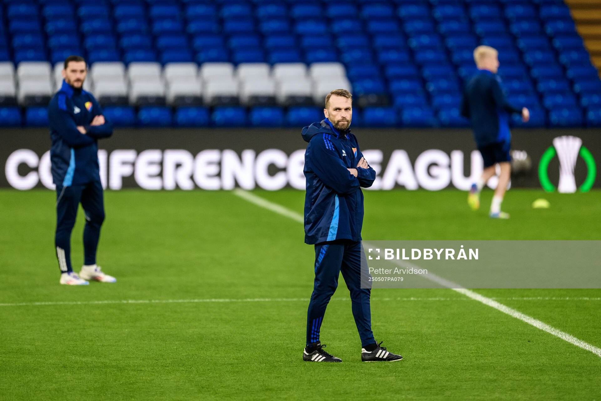 Head coach Jani Honkavaara of Djurgården during a UEFA Conference League training session on May 7, 2025 in London. 